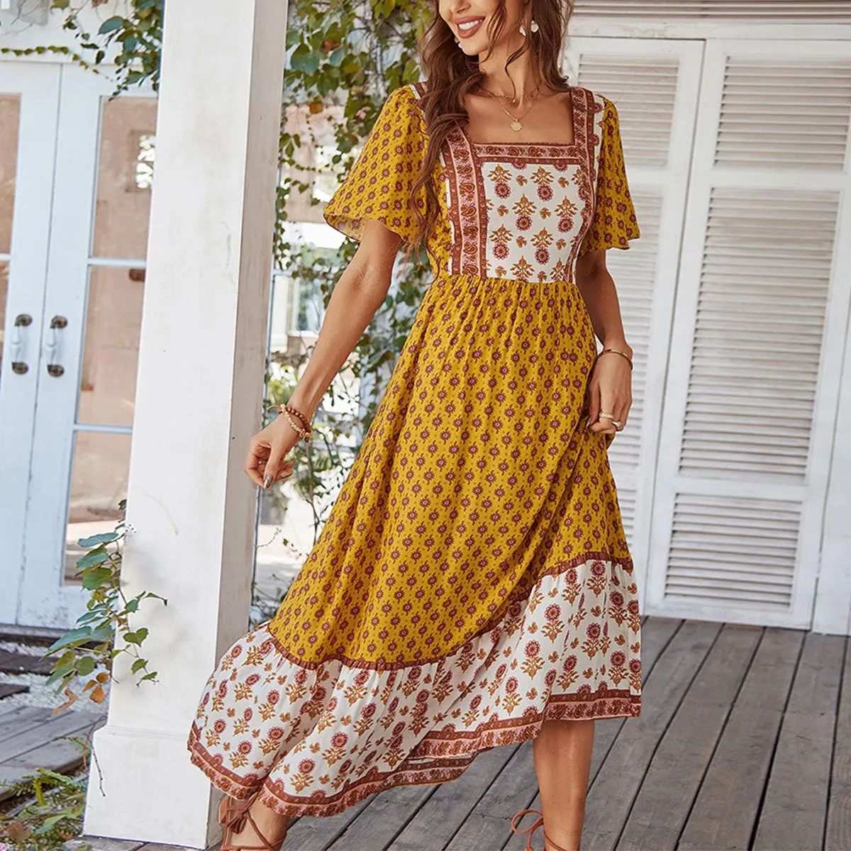 BOHO DRESS WITH FRENCH SQUARE NECK_CWDMD2053