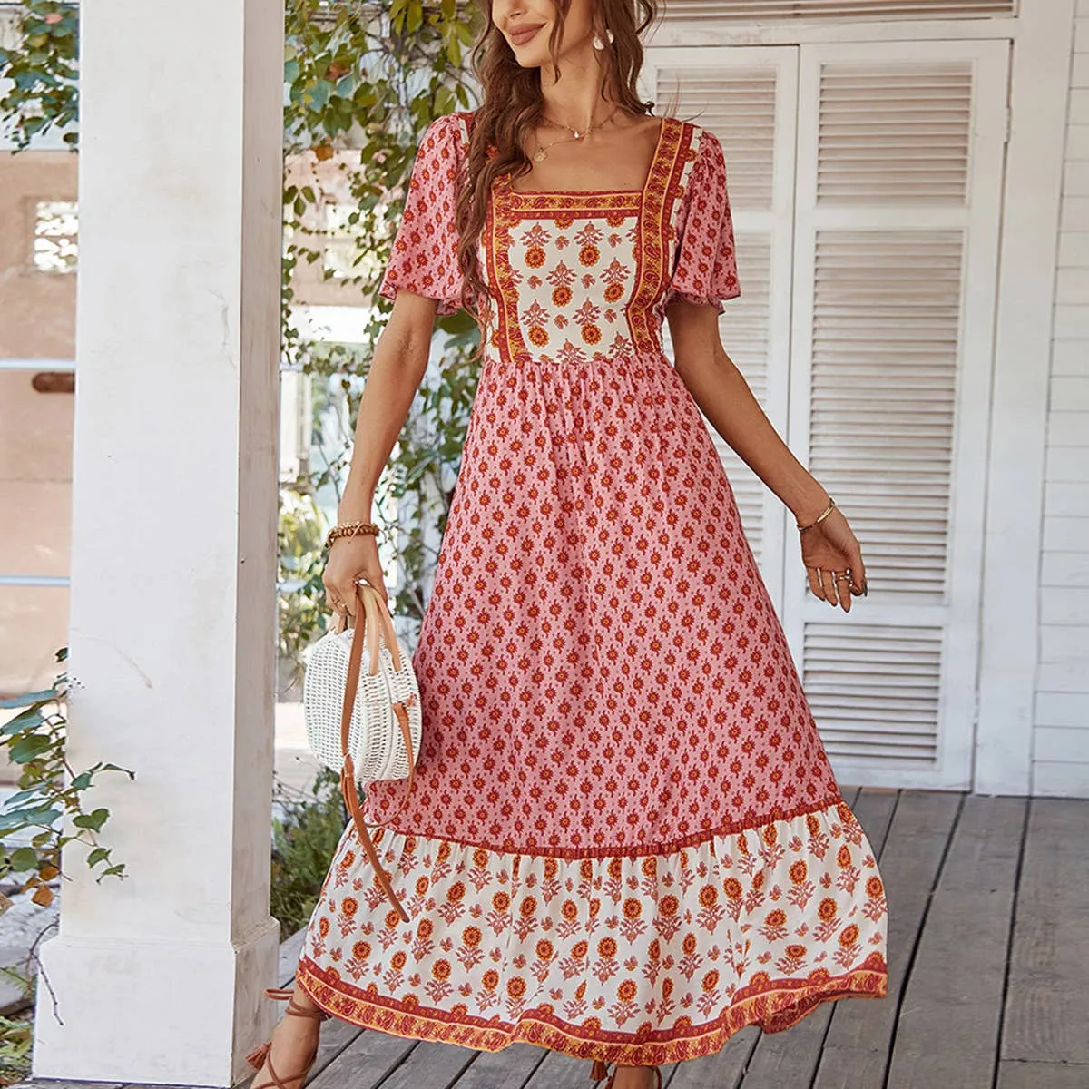 BOHO DRESS WITH FRENCH SQUARE NECK_CWDMD2053