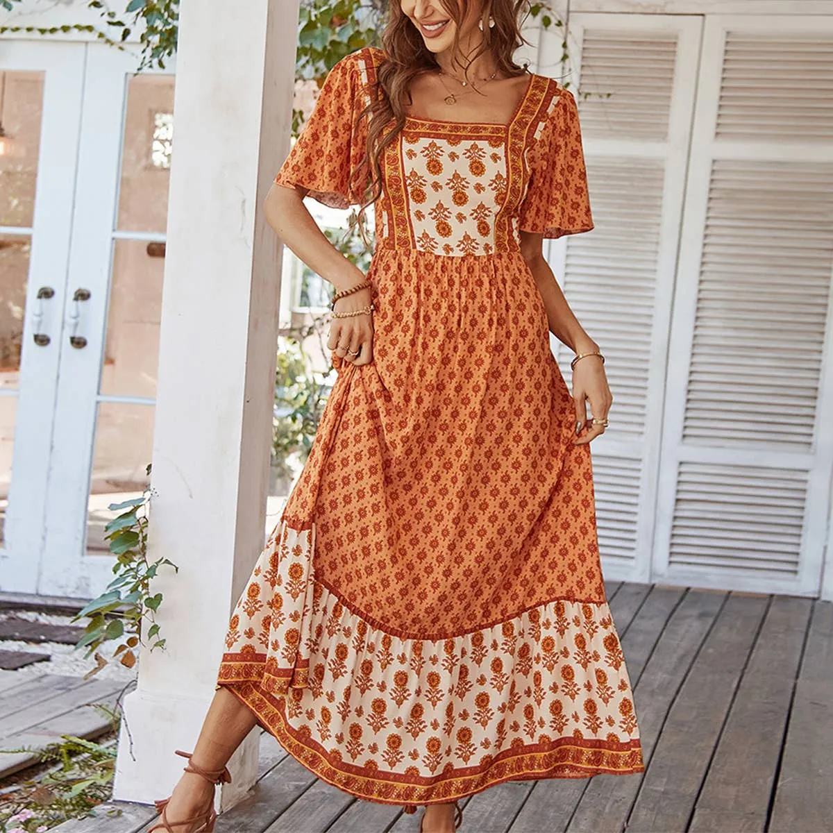 BOHO DRESS WITH FRENCH SQUARE NECK_CWDMD2053