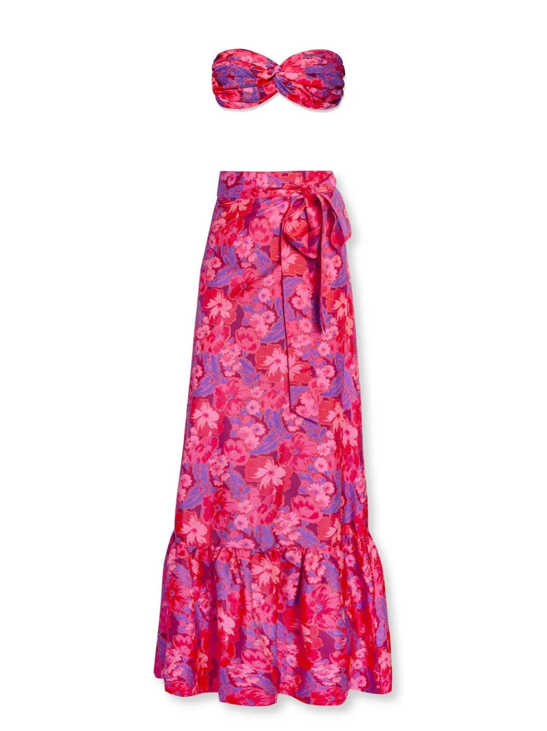 Calypso Printed Silk Ruffle Pareo Maxi Skirt - Berry Blossom