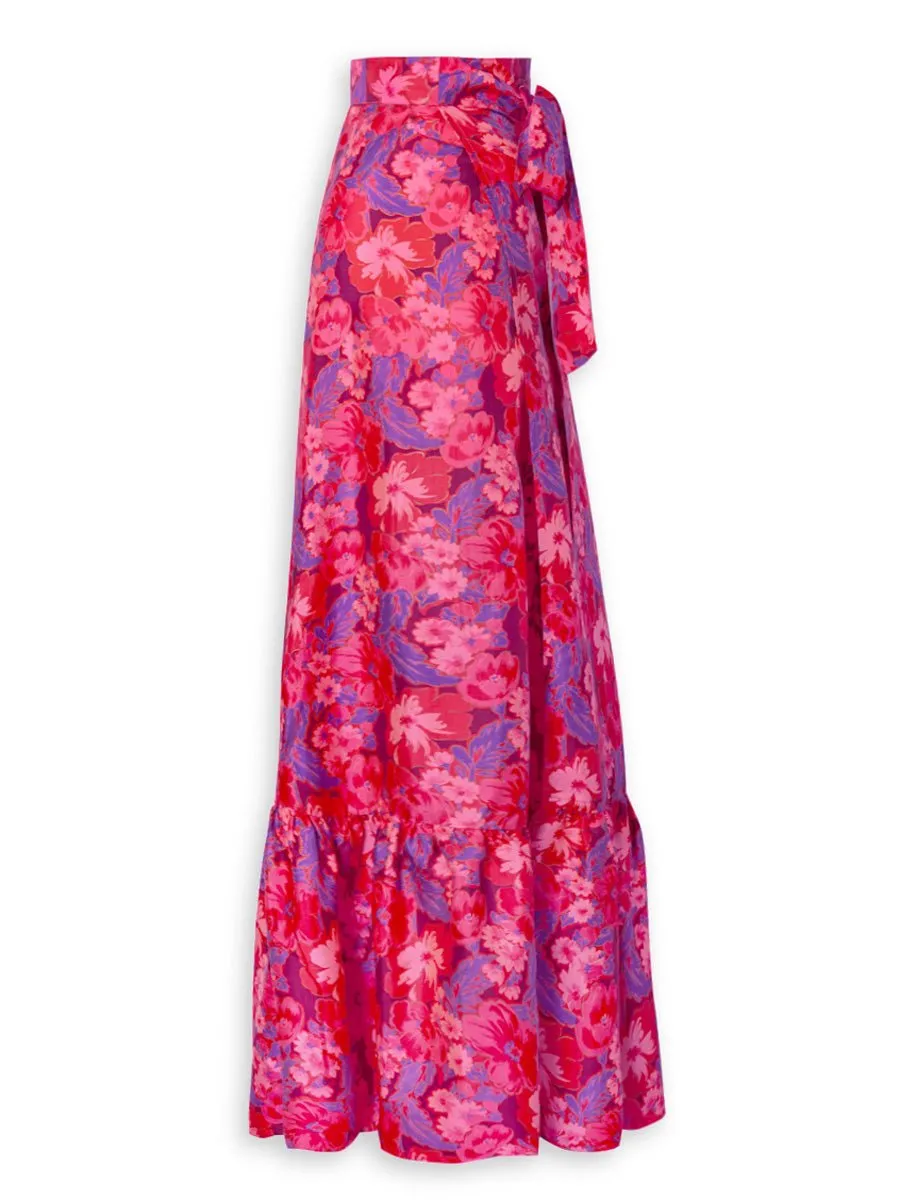 Calypso Printed Silk Ruffle Pareo Maxi Skirt - Berry Blossom