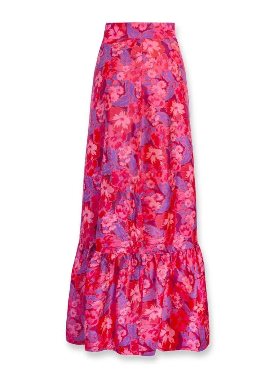 Calypso Printed Silk Ruffle Pareo Maxi Skirt - Berry Blossom