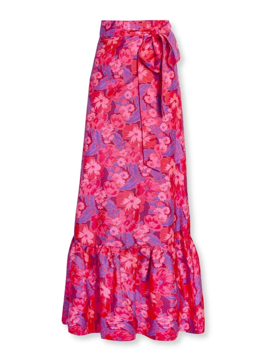 Calypso Printed Silk Ruffle Pareo Maxi Skirt - Berry Blossom