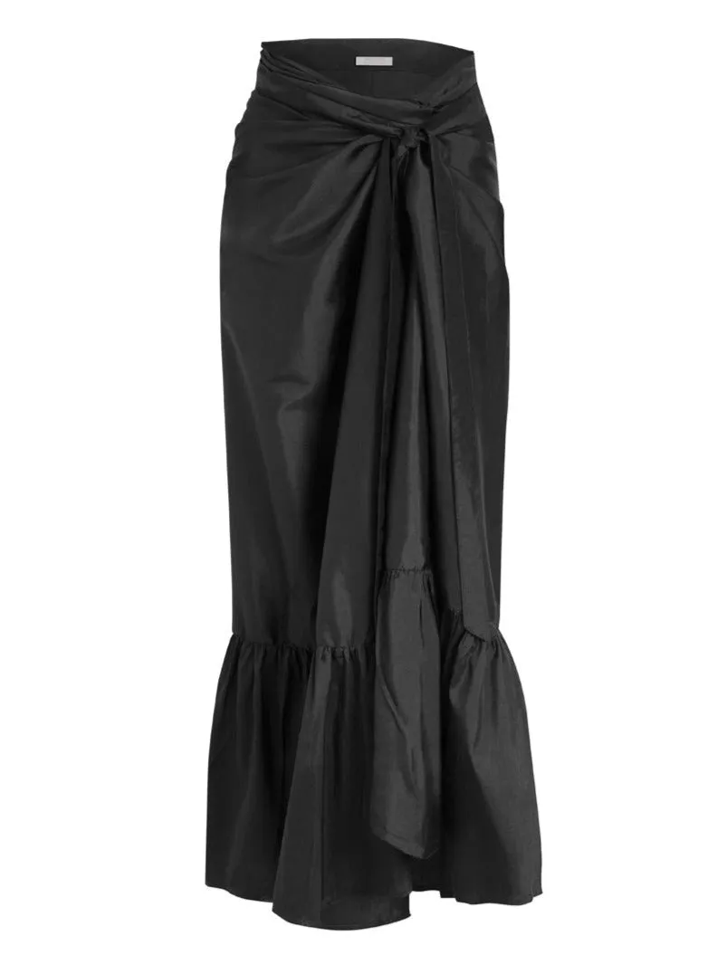 Calypso Thai Silk Taffeta Ruffle Wrap Skirt - Black