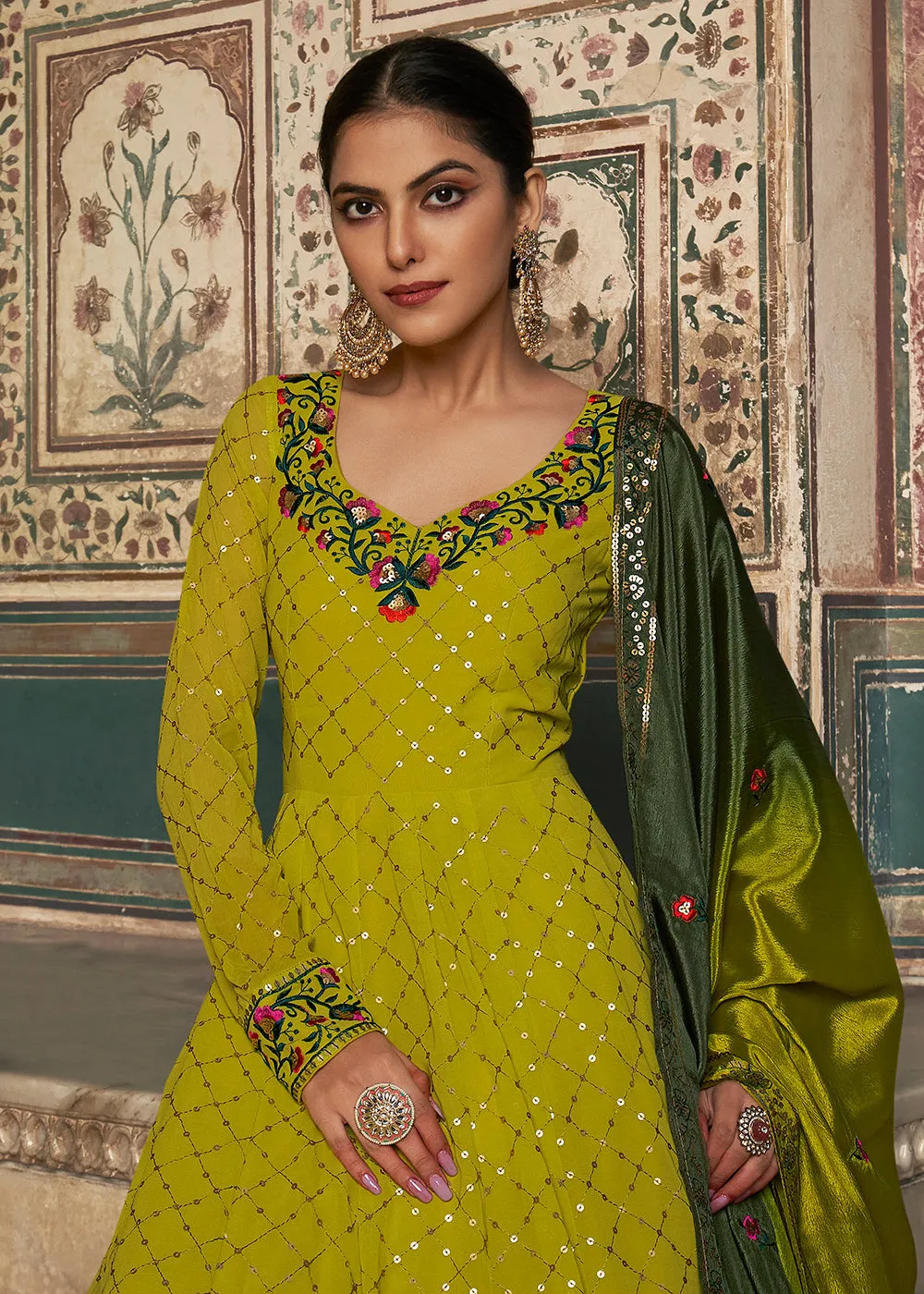 Cherishing Lime Green Sequins Georgette Party Wear Festive Gown