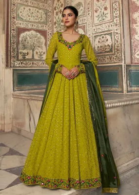 Cherishing Lime Green Sequins Georgette Party Wear Festive Gown