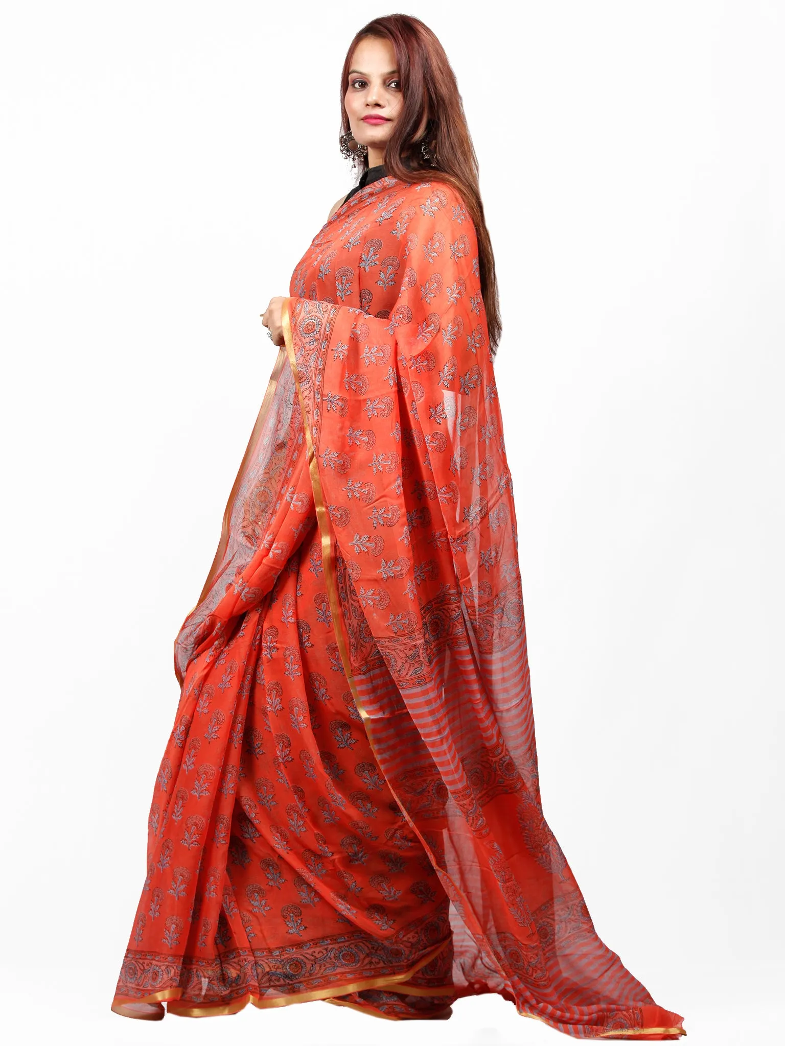 Coral SkyBlue Hand Block Printed Chiffon Saree with Zari Border - S031703430