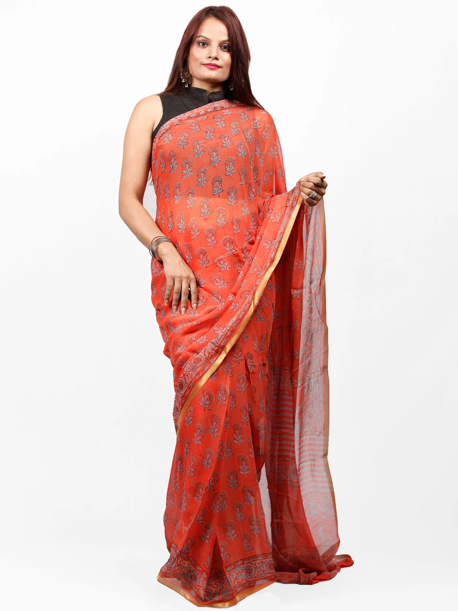 Coral SkyBlue Hand Block Printed Chiffon Saree with Zari Border - S031703430