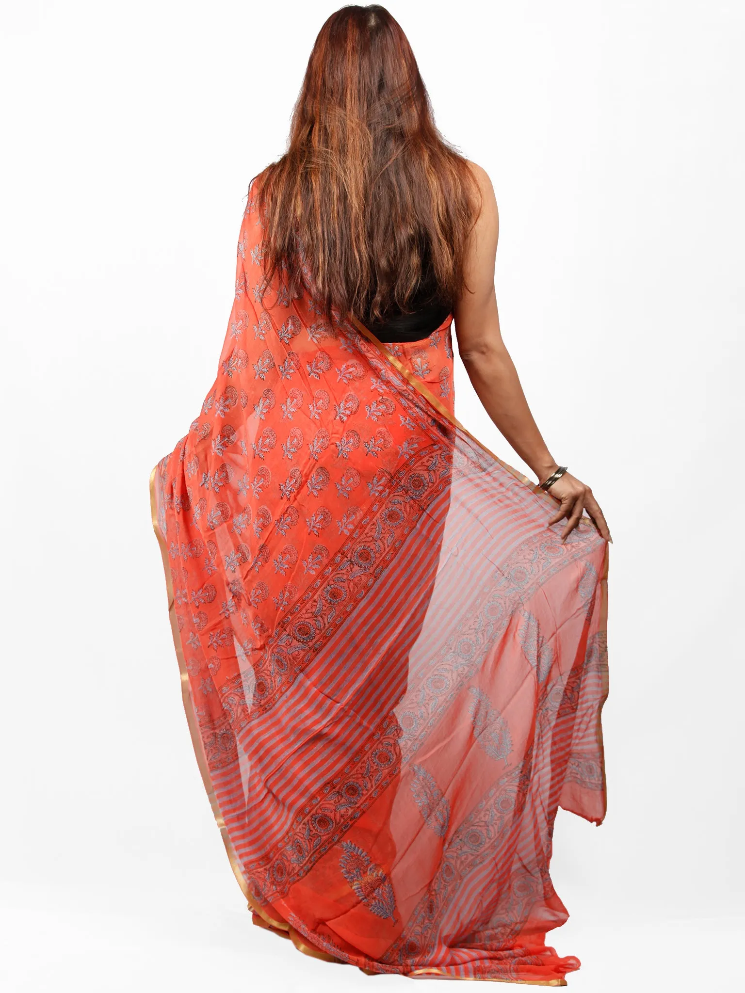 Coral SkyBlue Hand Block Printed Chiffon Saree with Zari Border - S031703430