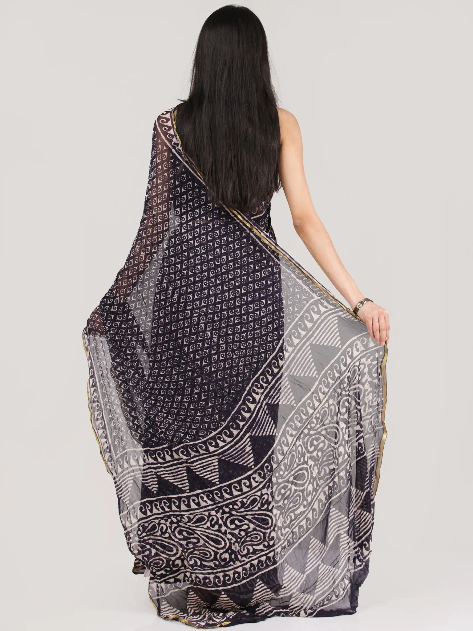 Dark Blue Off White Hand Block Printed Chiffon Saree With Zari Border - S031704692