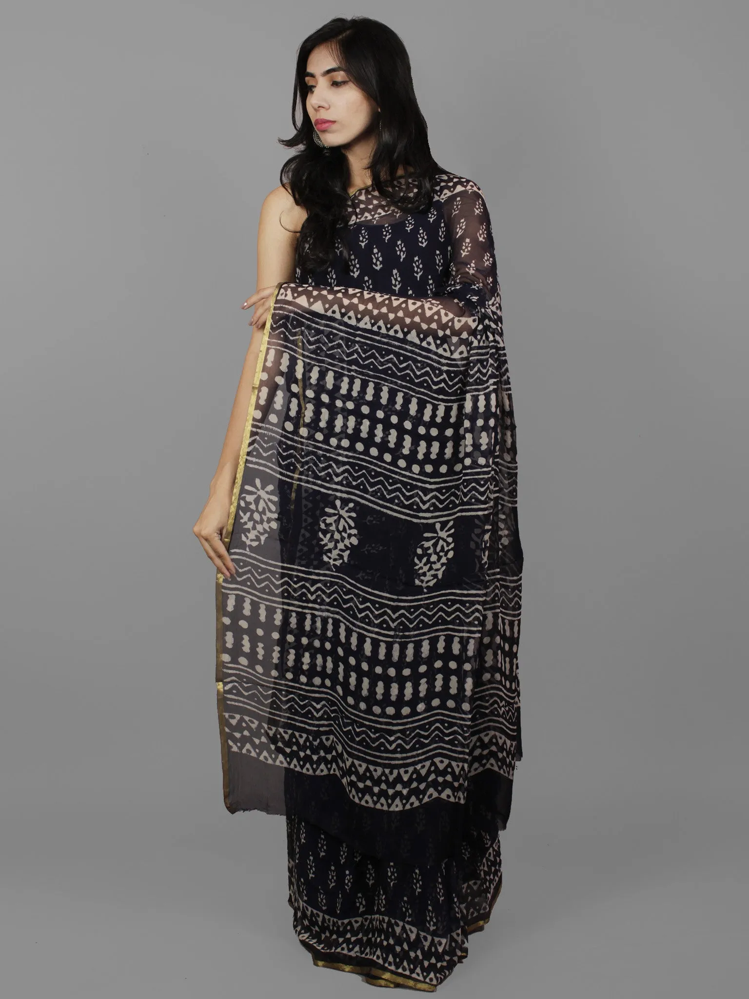 Dark Indigo Ivory Hand Block Printed Chiffon Saree - S031702098