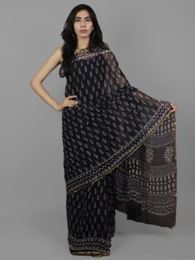 Dark Indigo Ivory Hand Block Printed Chiffon Saree - S031702098