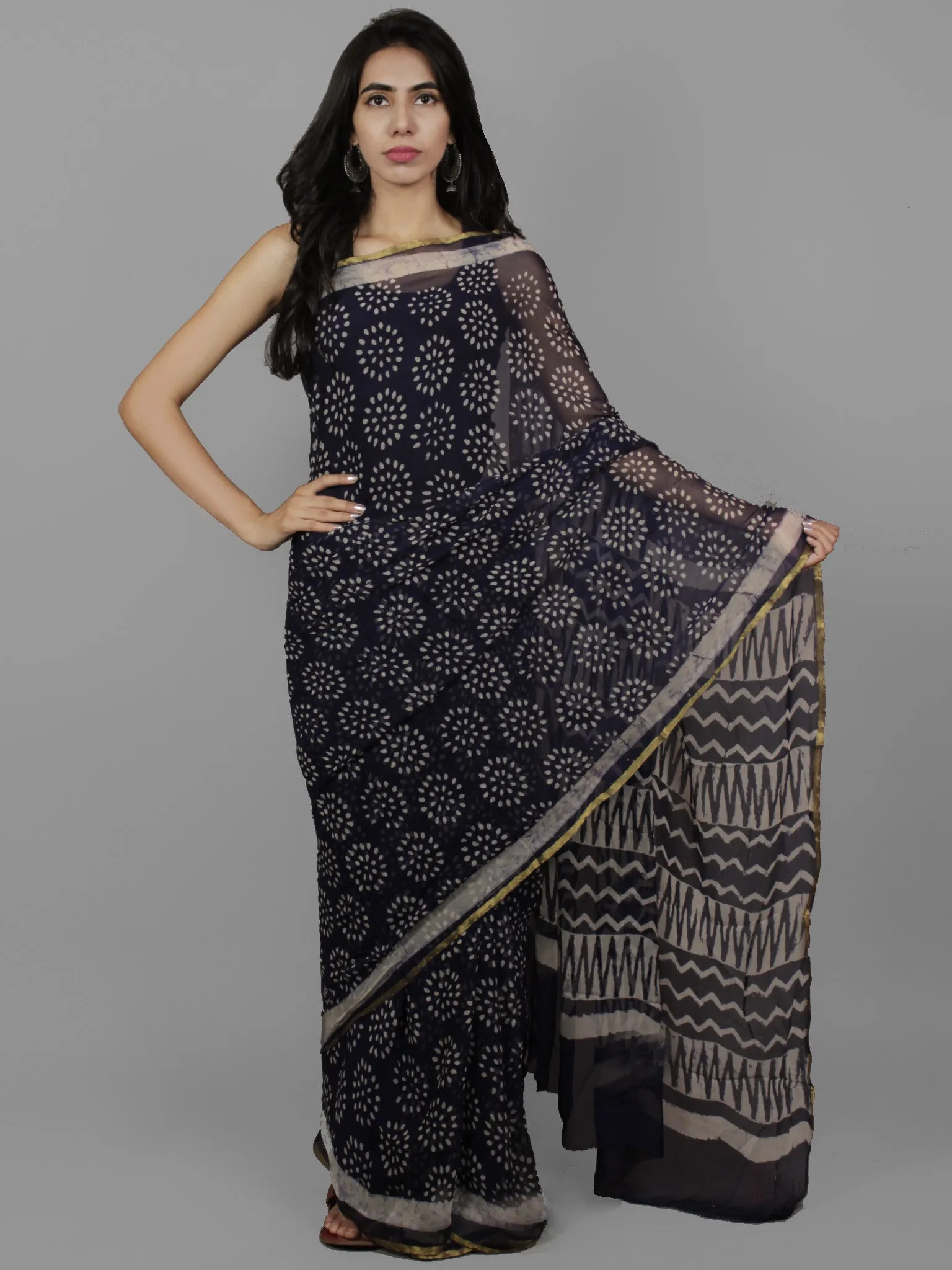 Dark Indigo Ivory Hand Block Printed Chiffon Saree - S031702101