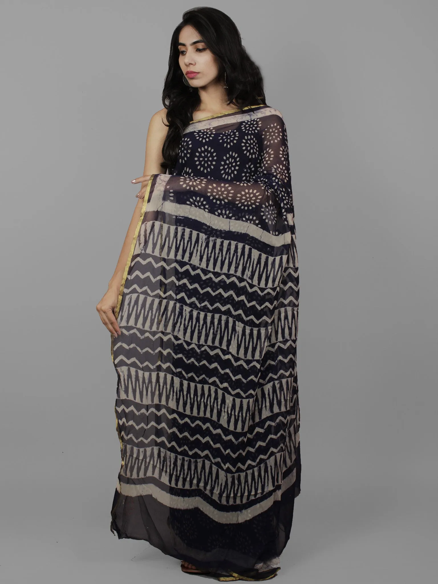 Dark Indigo Ivory Hand Block Printed Chiffon Saree - S031702101