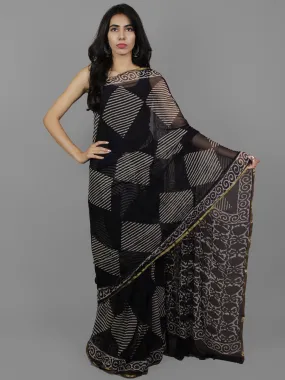 Deep Indigo Ivory Hand Block Printed Chiffon Saree - S031702104