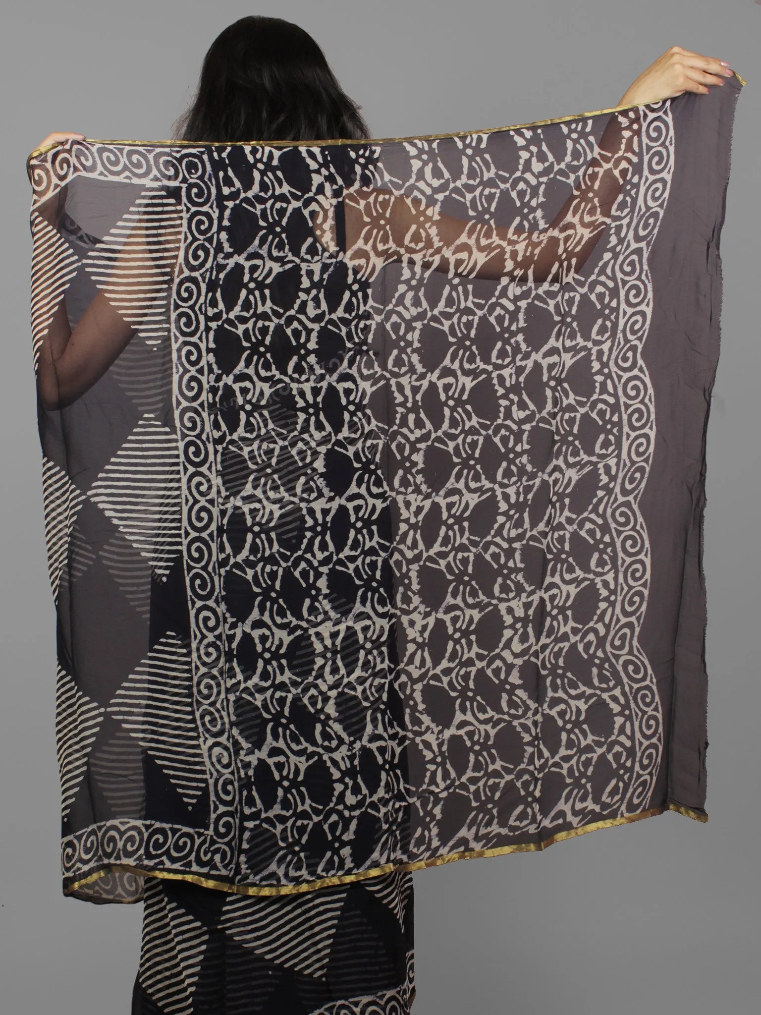 Deep Indigo Ivory Hand Block Printed Chiffon Saree - S031702104