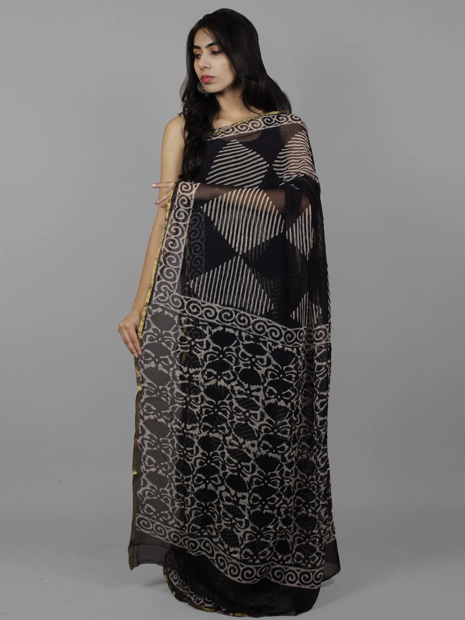 Deep Indigo Ivory Hand Block Printed Chiffon Saree - S031702104