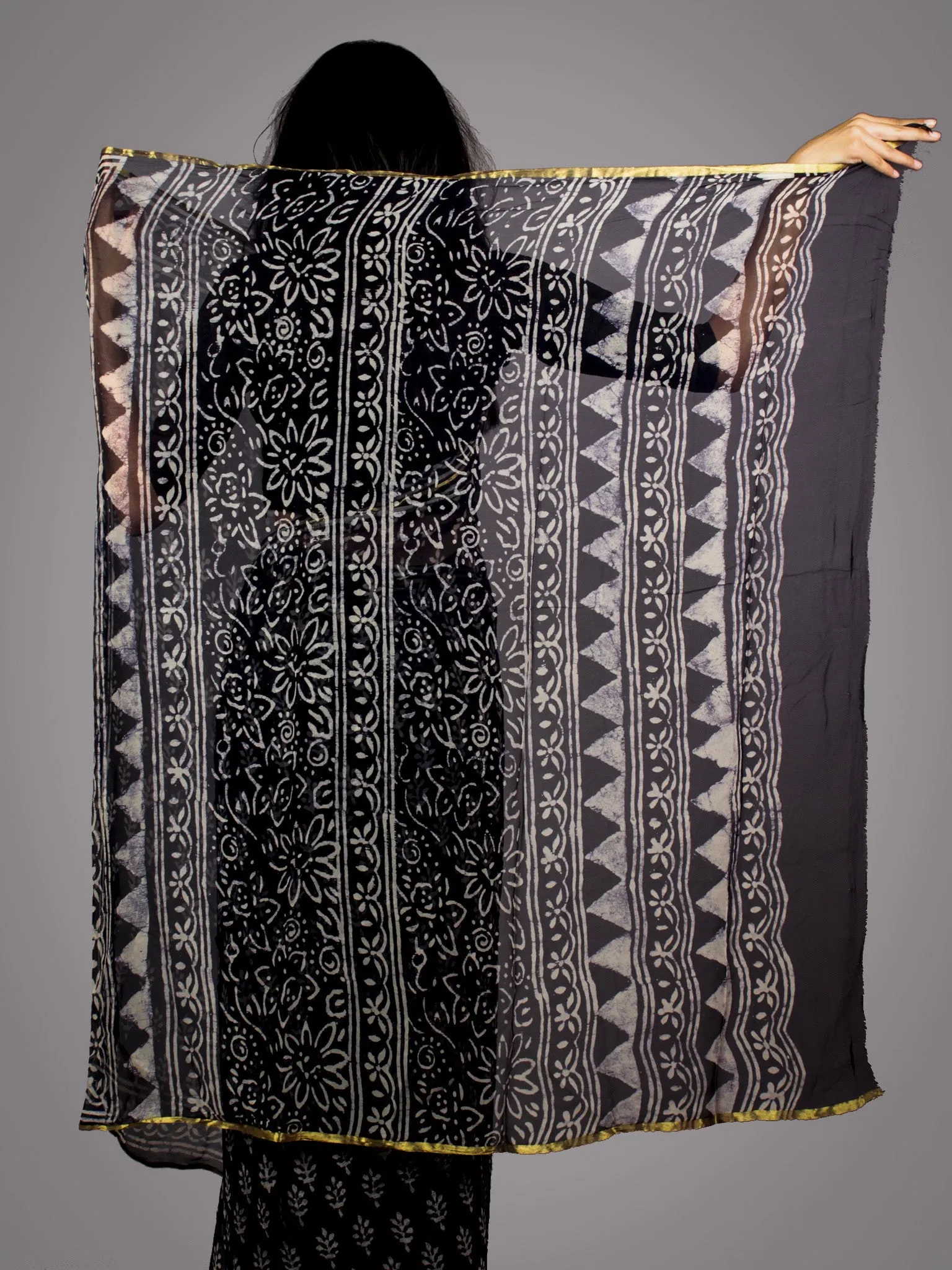 Deep Indigo White Hand Block Printed Chiffon Saree - S031701680