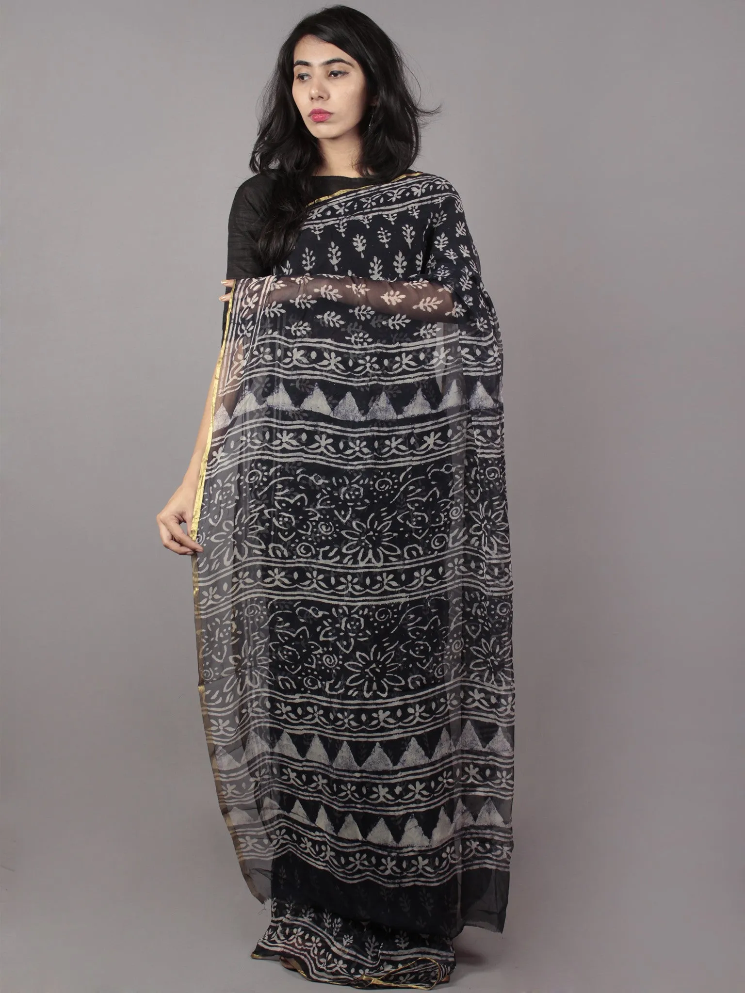 Deep Indigo White Hand Block Printed Chiffon Saree - S031701680