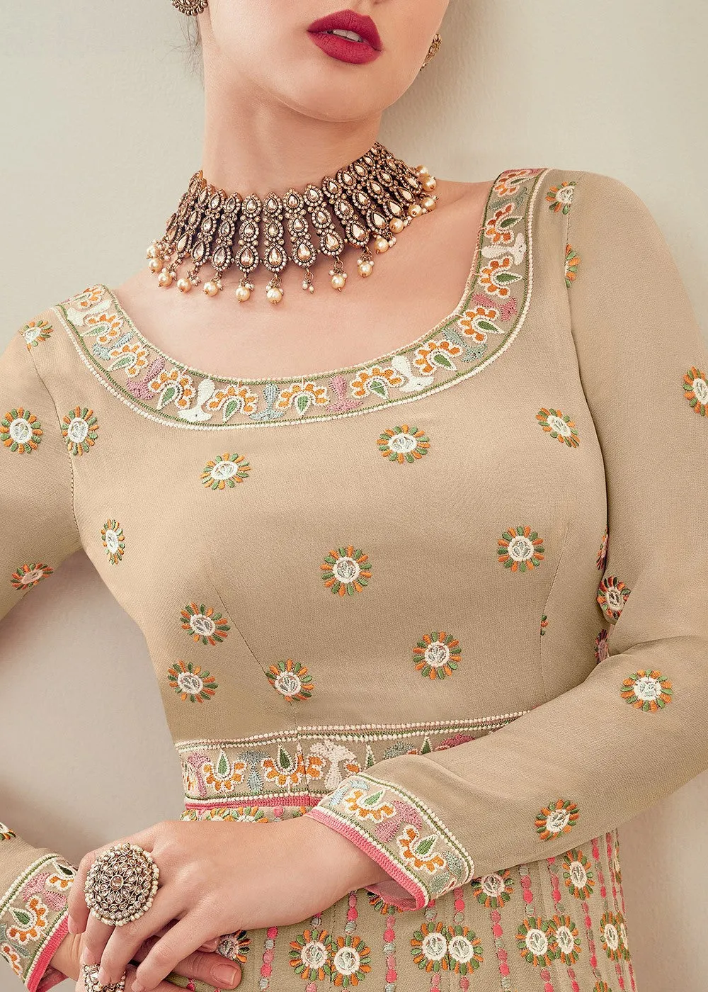 Demure Beige Multi Thread Embroidered Anarkali Suit