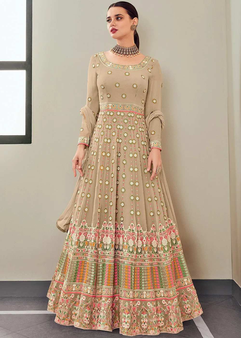 Demure Beige Multi Thread Embroidered Anarkali Suit