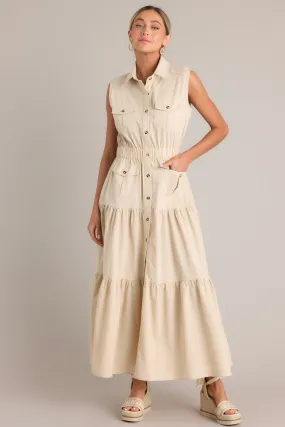 Desert Dusk Beige Button Front Tiered  Maxi Dress