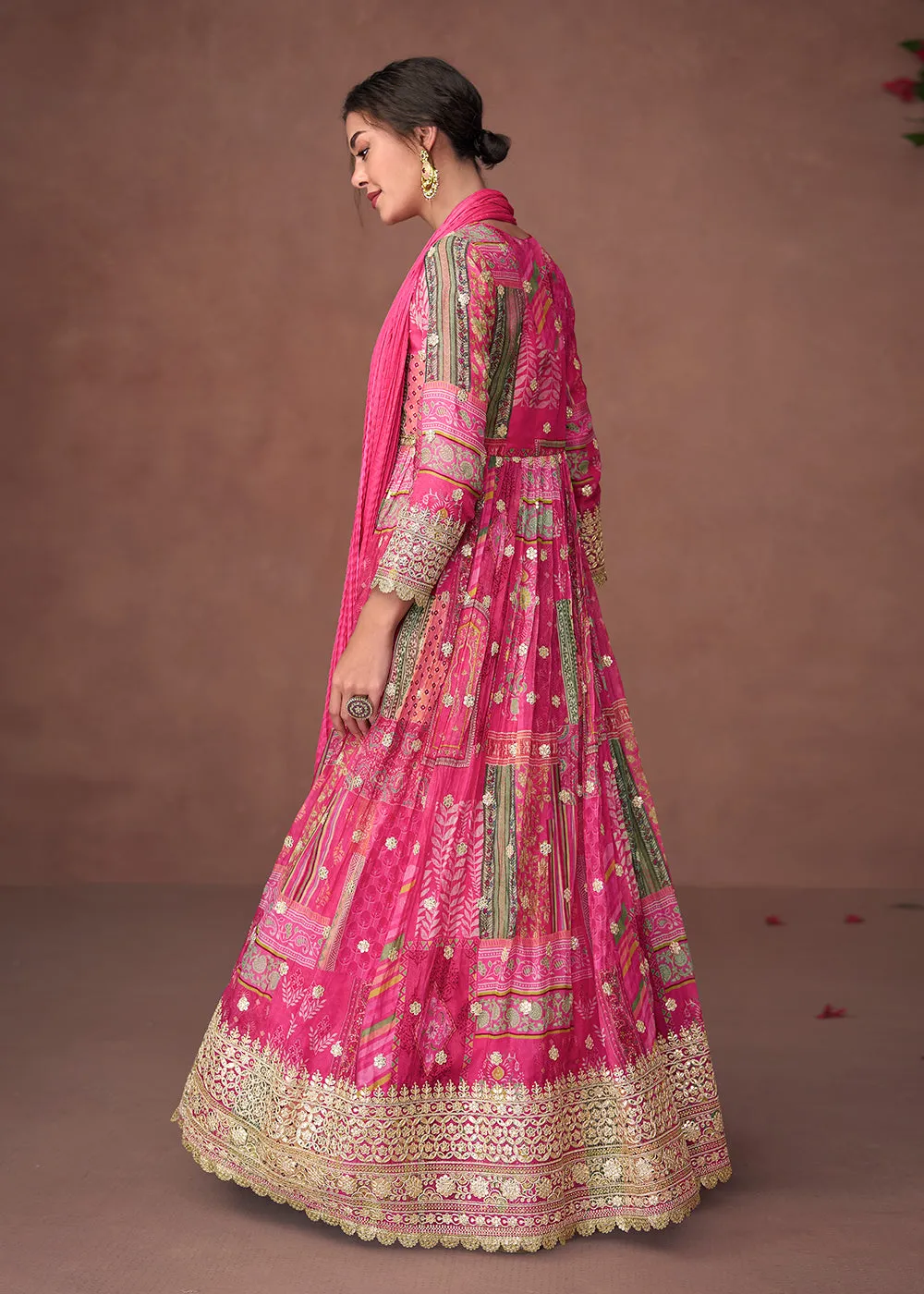 Digital Printed Fuchsia Pink Organza Silk Designer Anarkali Gown