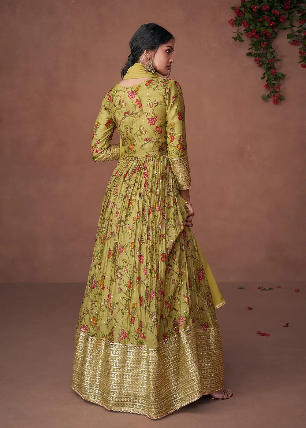 Digital Printed Olive Green Organza Silk Designer Anarkali Gown