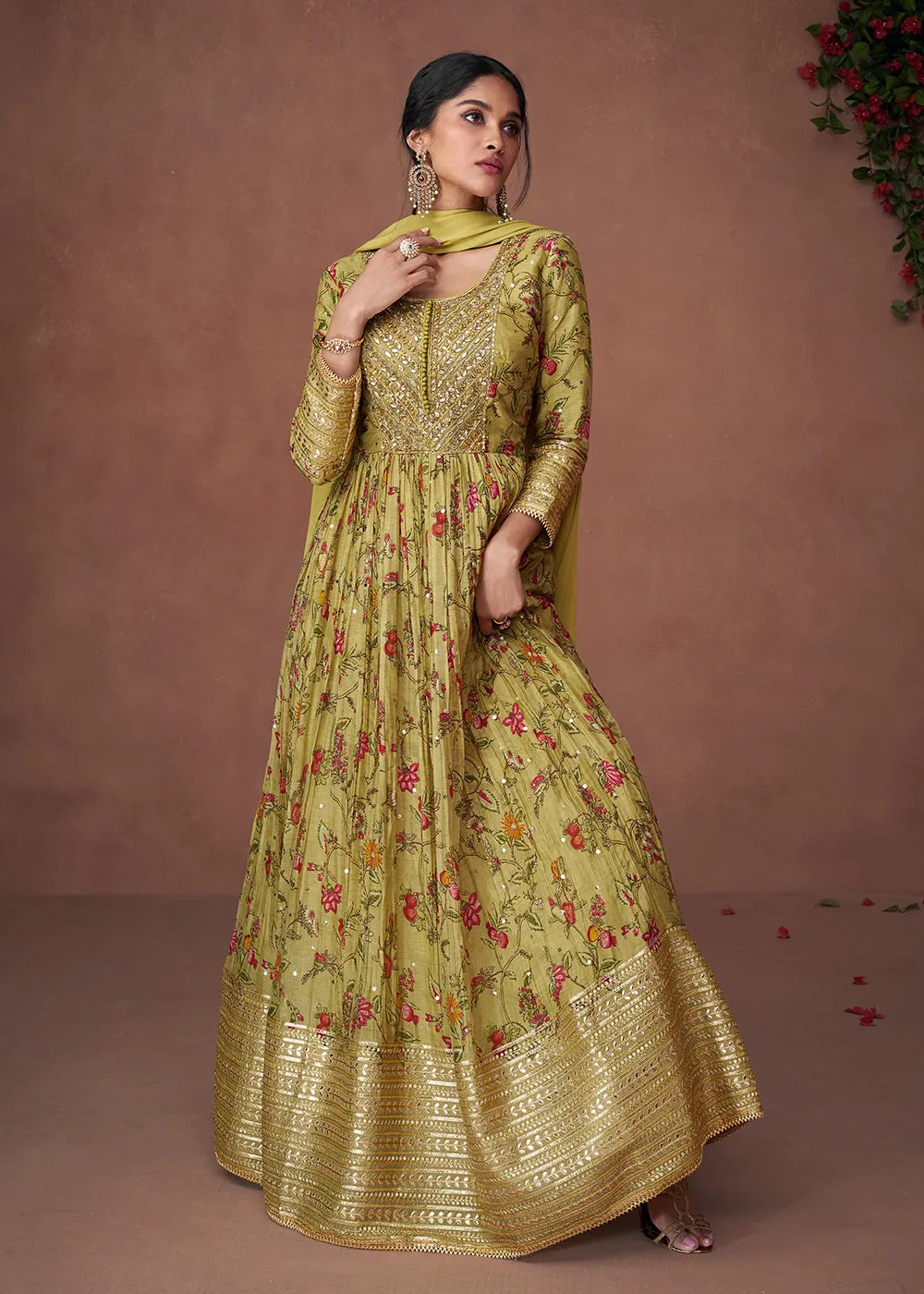 Digital Printed Olive Green Organza Silk Designer Anarkali Gown