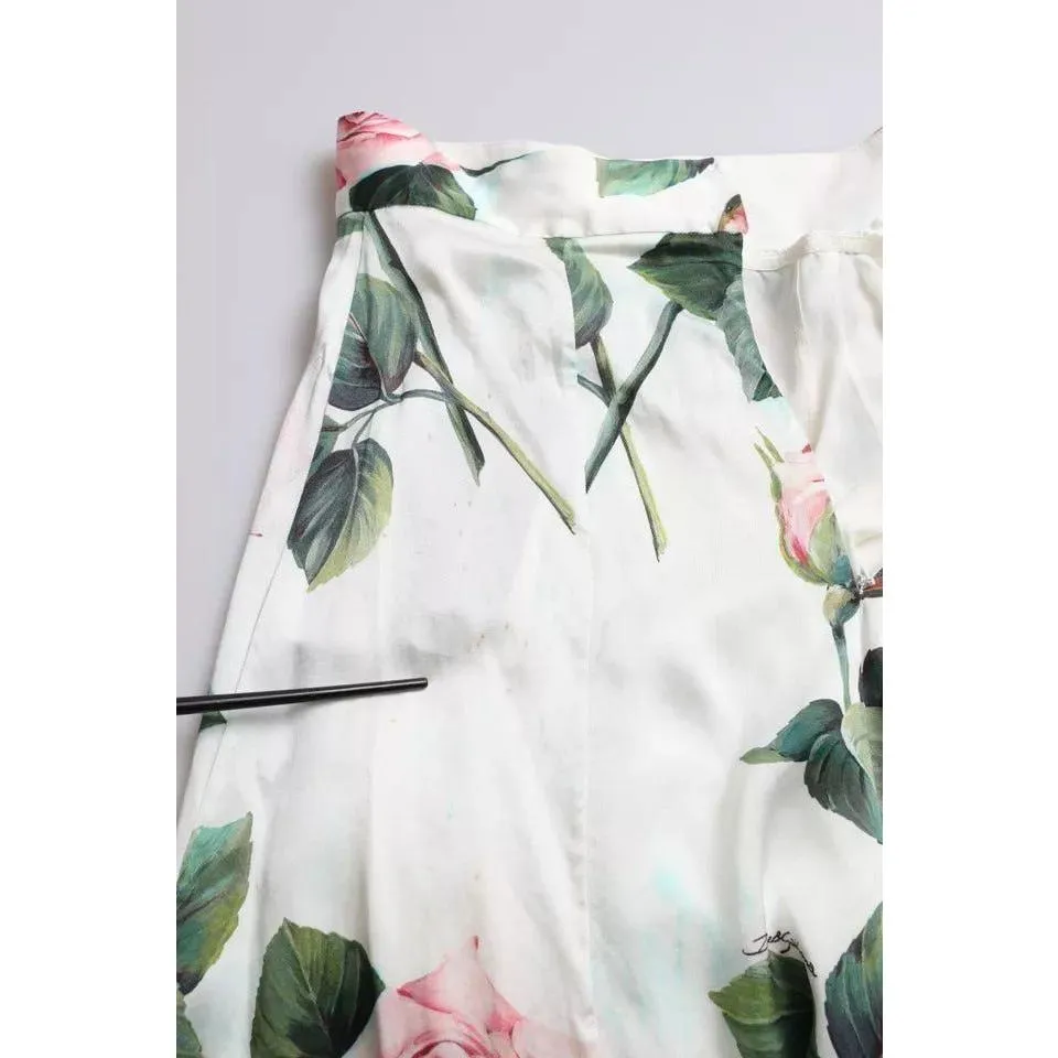 Dolce & Gabbana White Rose Print High Waist Midi A-line Skirt