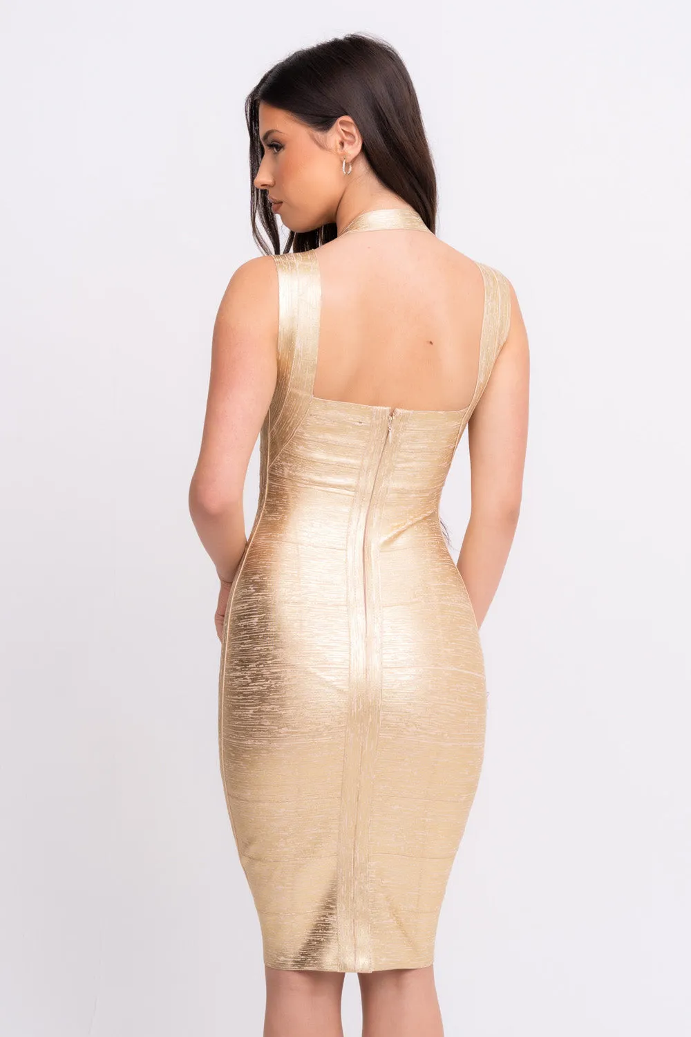 Dominica VIP Luxe Gold Metallic Bandage Panel Bodycon Dress