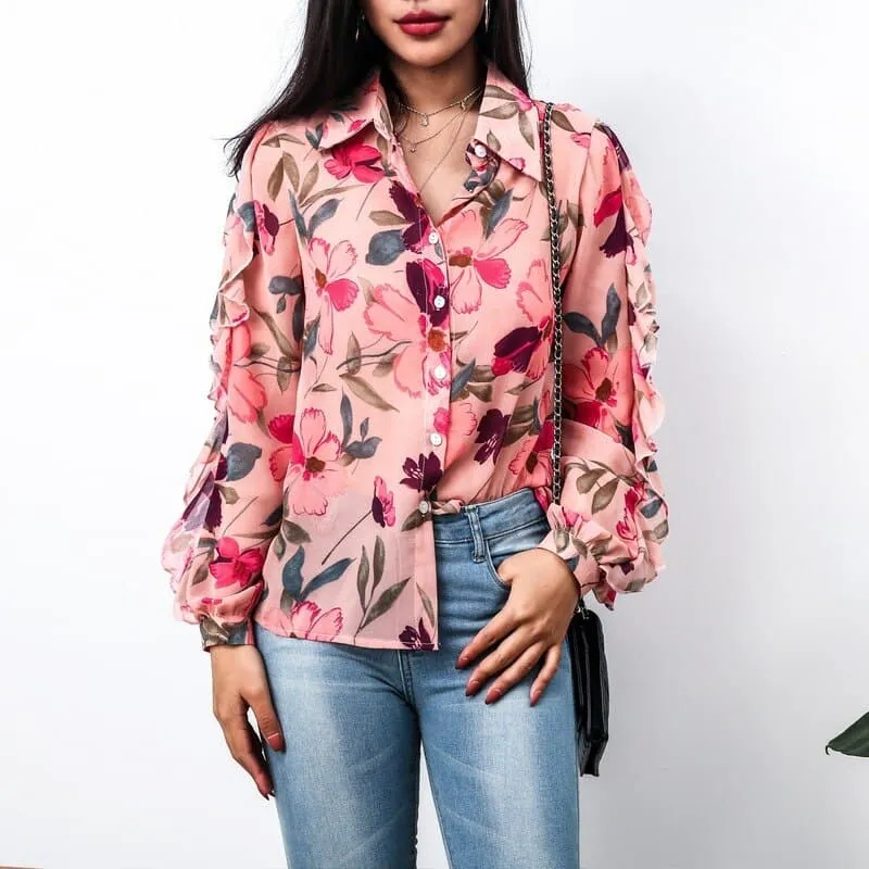 DressBetty - New Vintage Women Shirts Print Full Sleeve Loose Chiffon Thin Port Western Style Flavor Blouse Shirt Pink Blouse