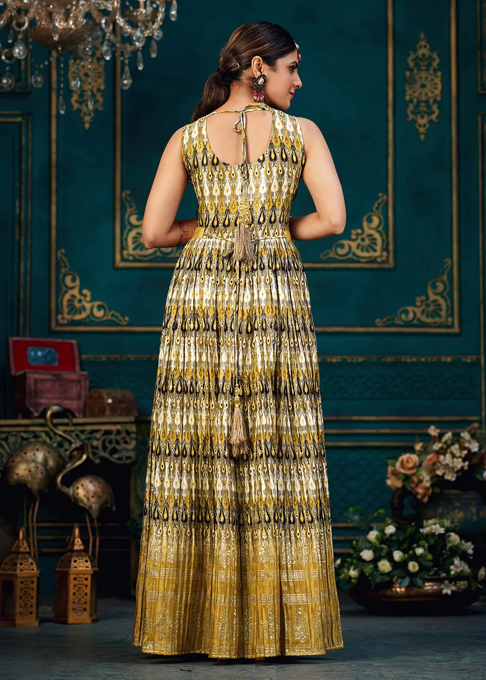 Dusty Mustard Digital Foil Printed Ready to Wear Gown