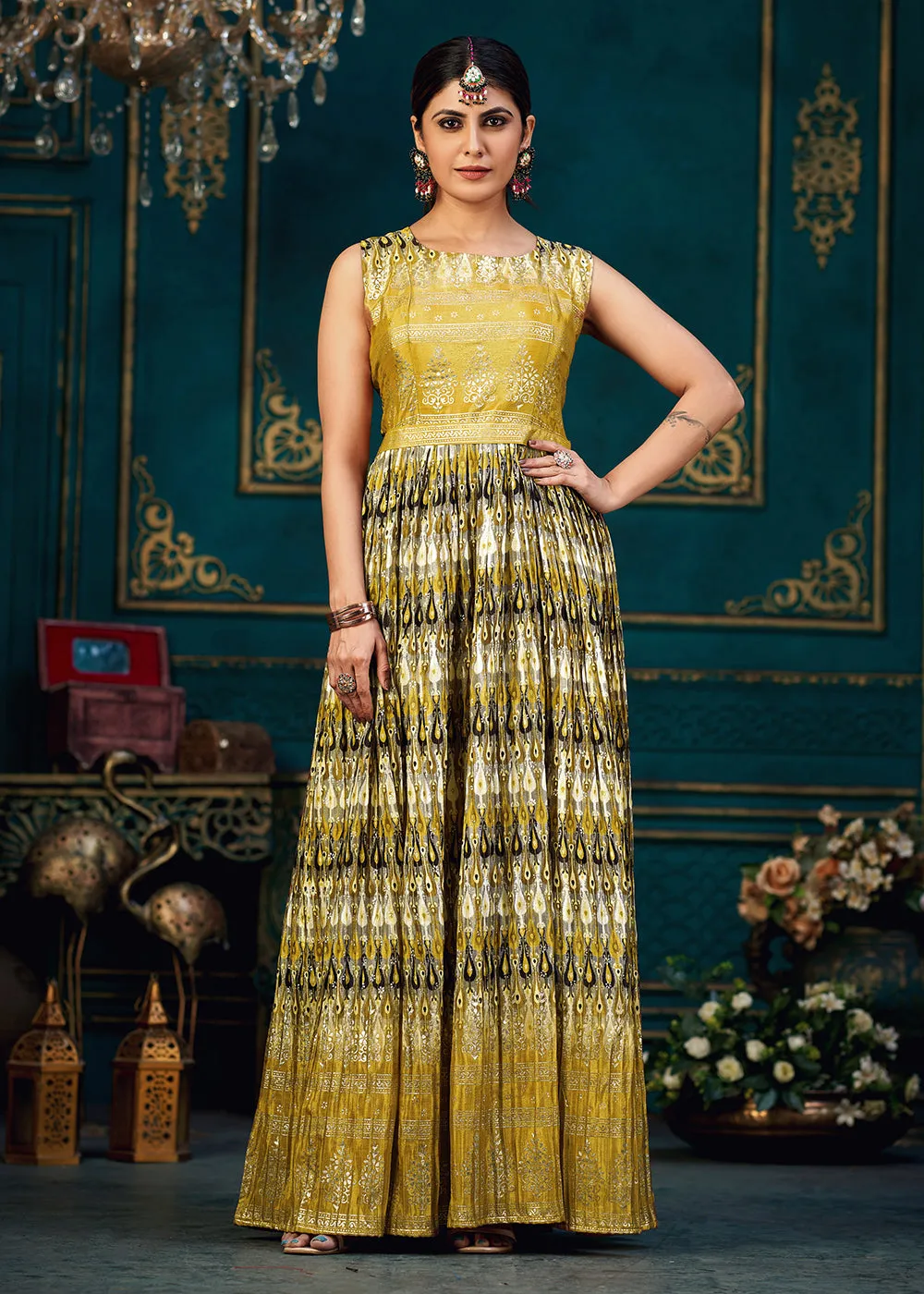 Dusty Mustard Digital Foil Printed Ready to Wear Gown