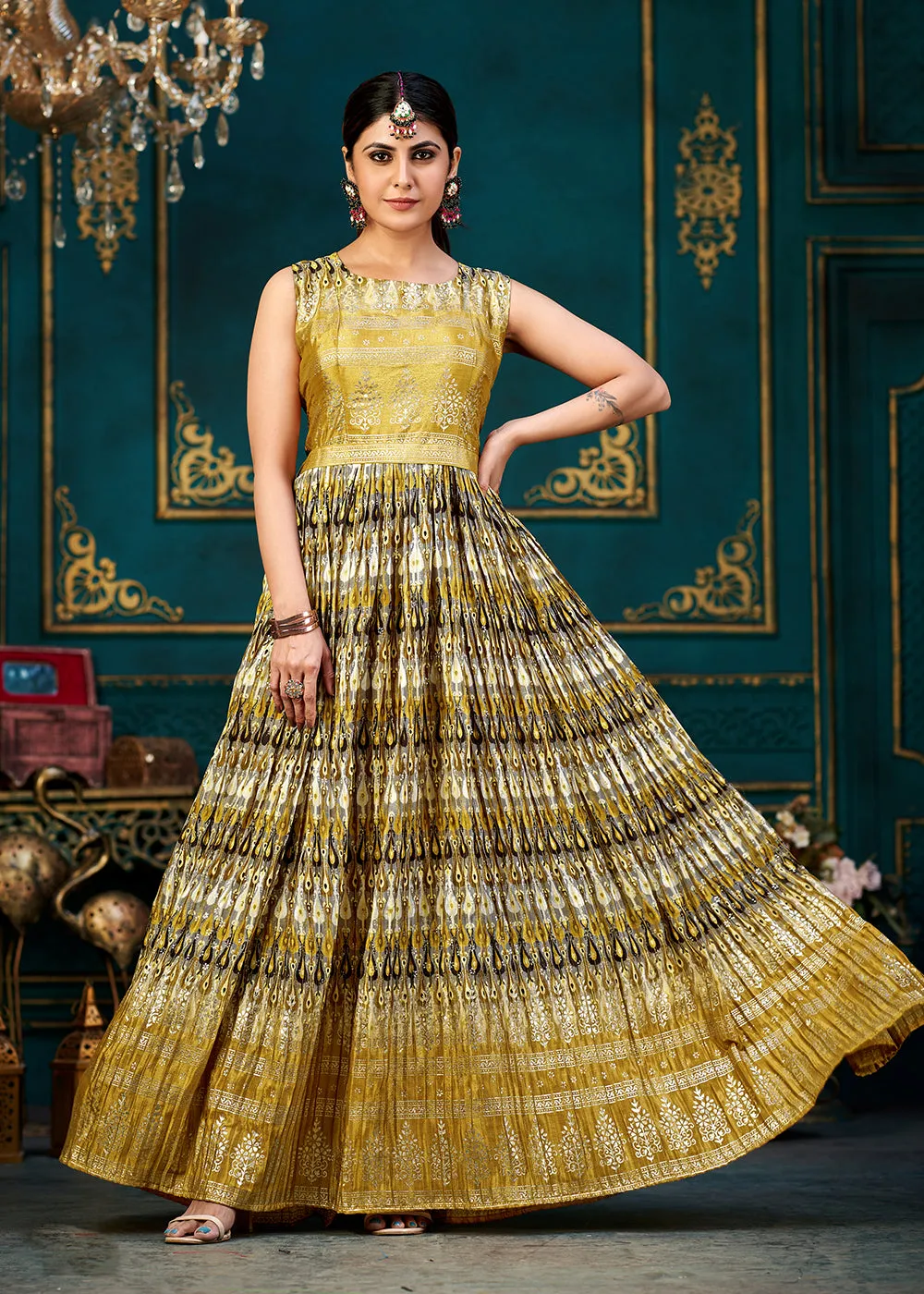 Dusty Mustard Digital Foil Printed Ready to Wear Gown