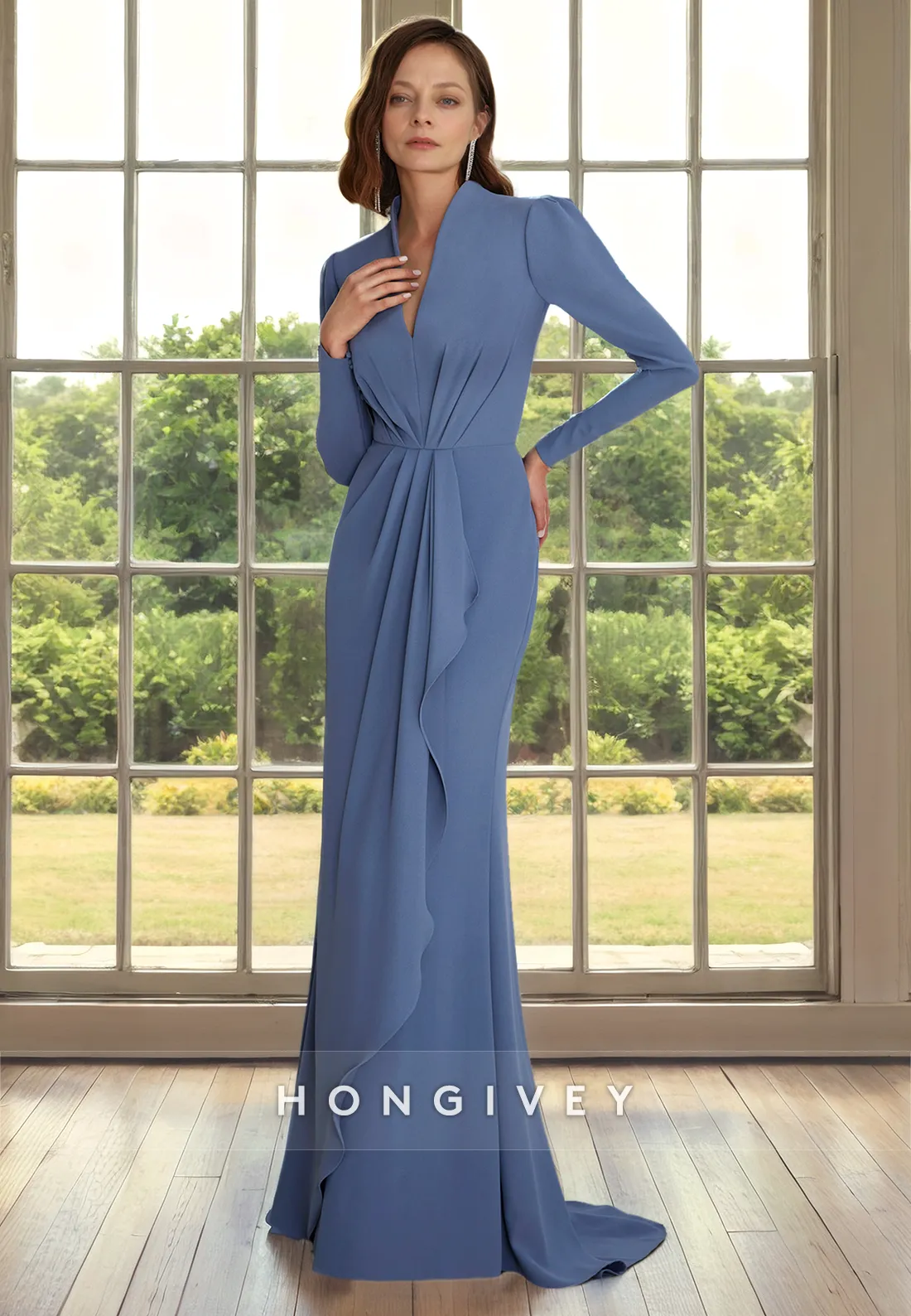 Elegant & Luxurious V-Neck Long Sleeve Ruched Ruffled Cocktail Dress