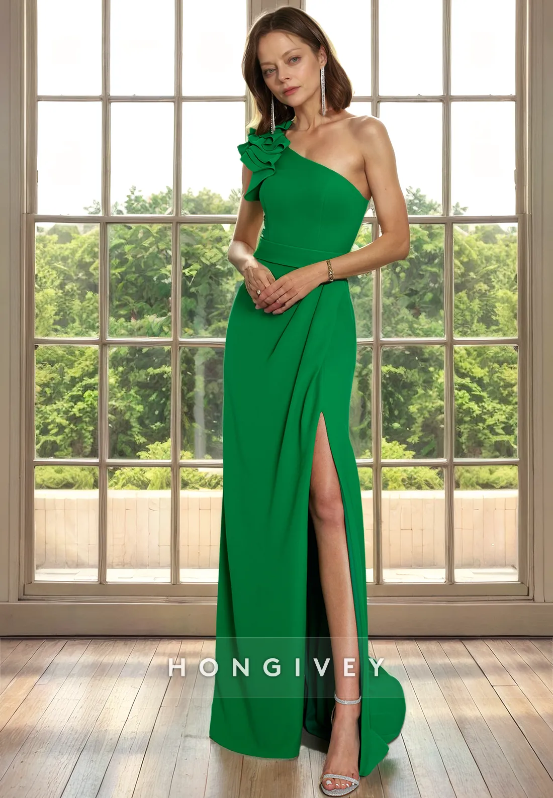 Elegant Satin Fitted One Shoulder Sleeveless With Side Slit Cocktail Evening Dress