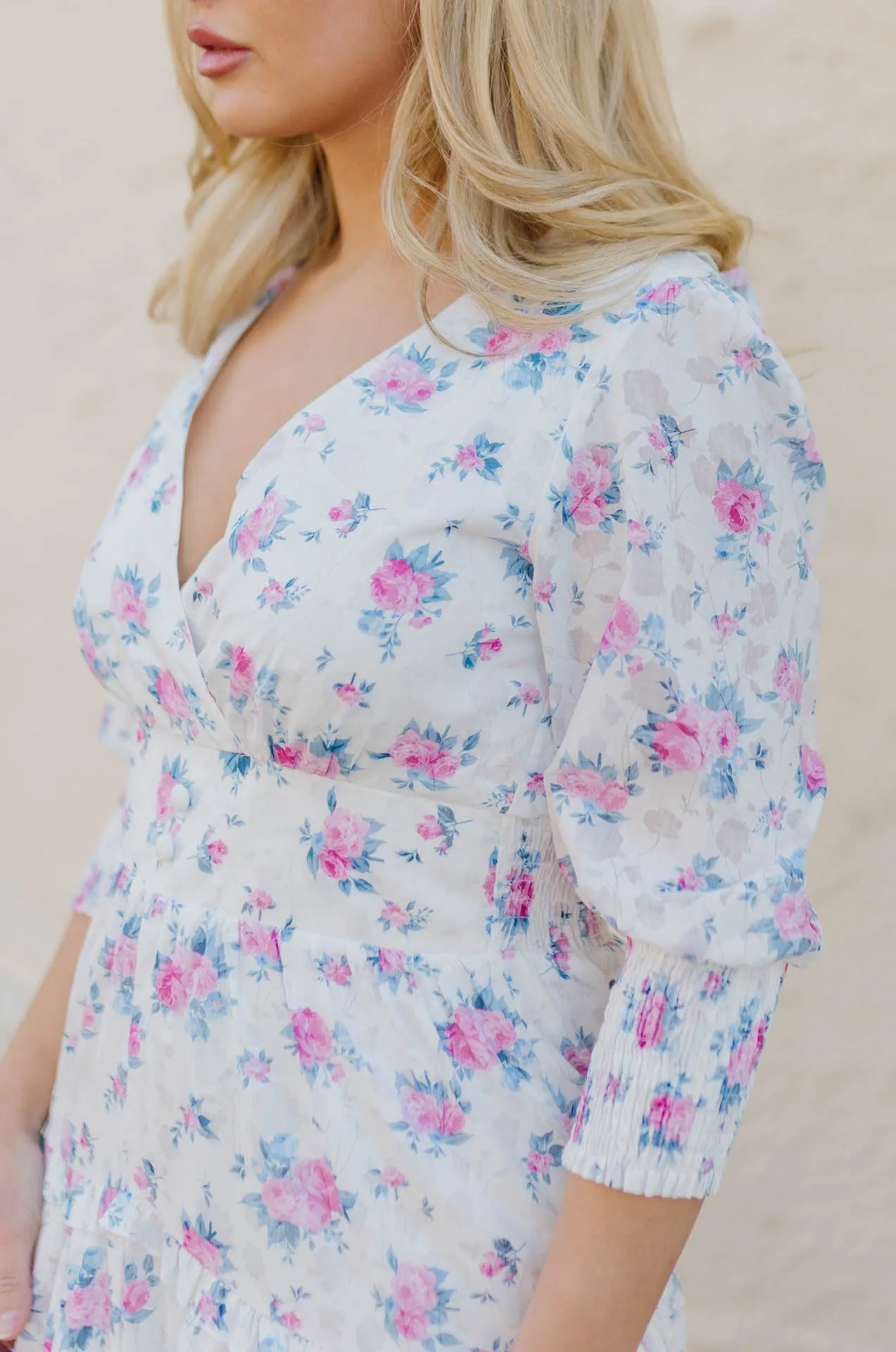 Ellese Pink Floral 3/4 Sleeve Tiered Maxi Dress