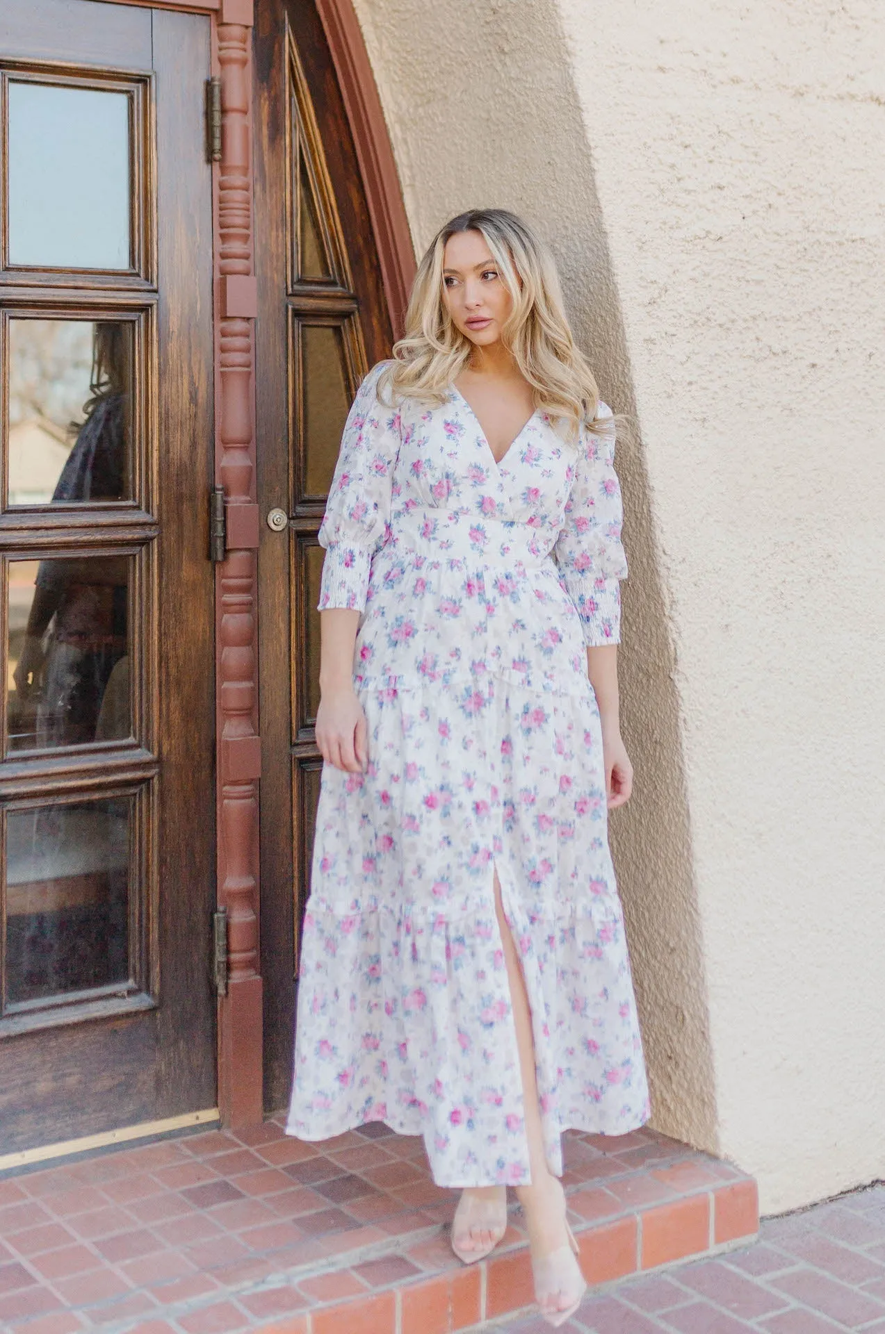 Ellese Pink Floral 3/4 Sleeve Tiered Maxi Dress