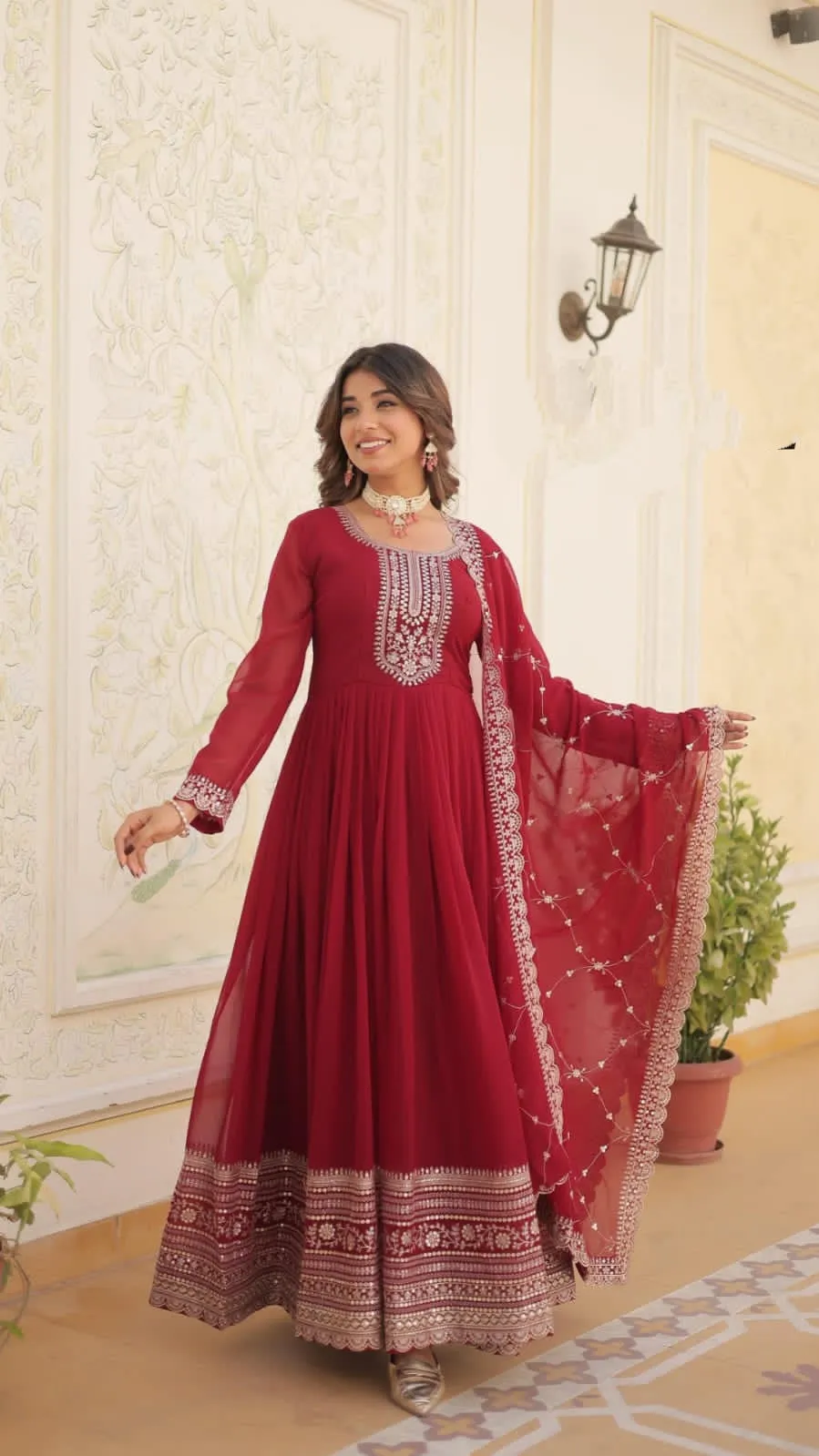 Embroidery Sequence Wedding wear Maroon Women's Gown Dupatta Suit