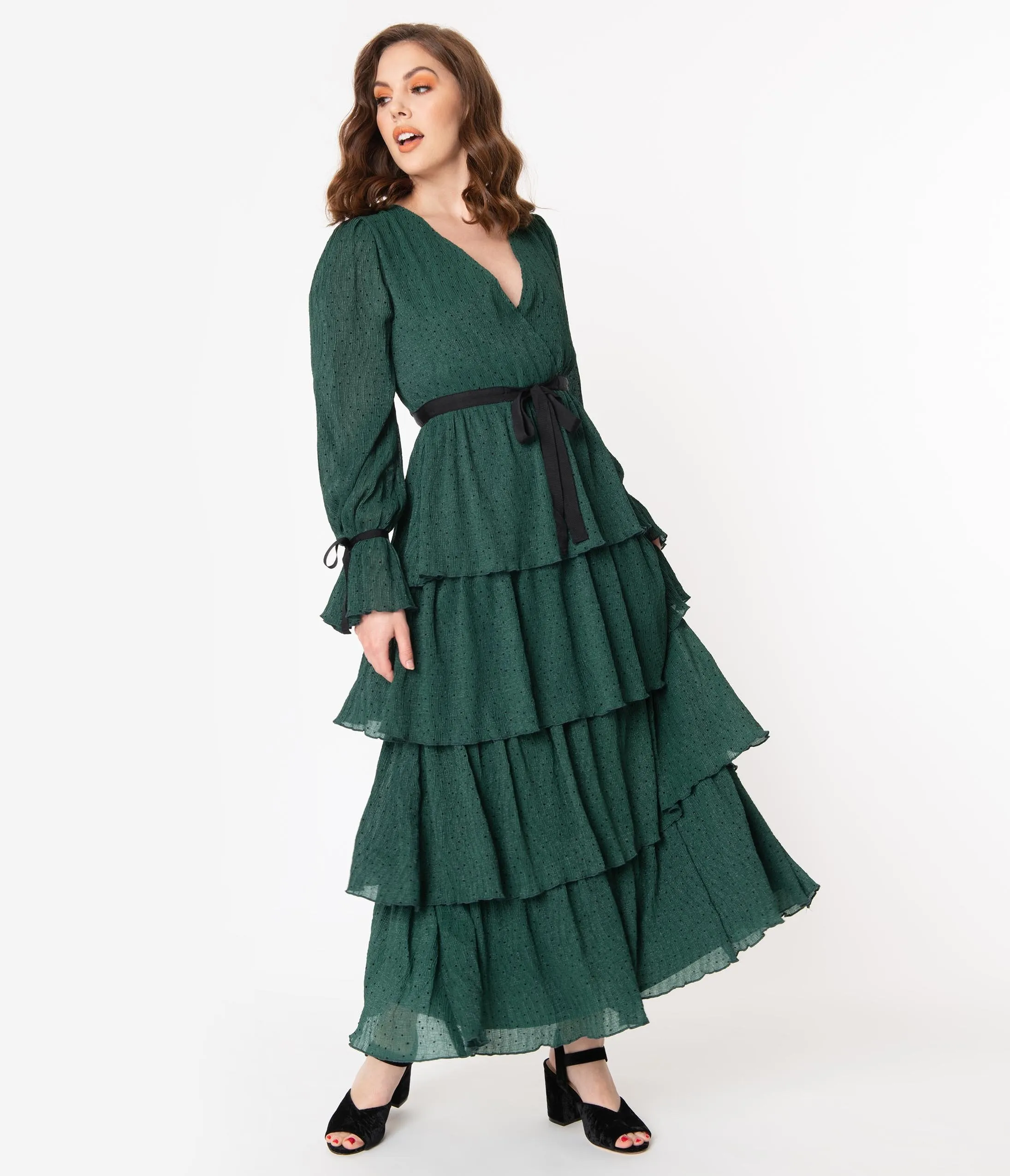 Emerald Green & Black Polka Dot Long Sleeve Tiered Maxi Dress