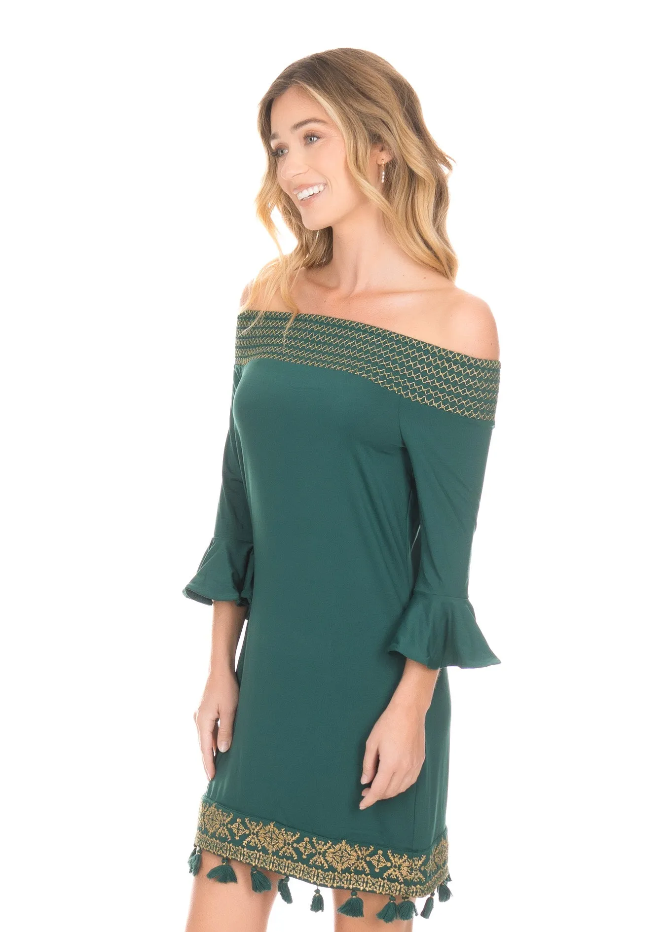 Emerald Metallic Embroidered Off The Shoulder Dress