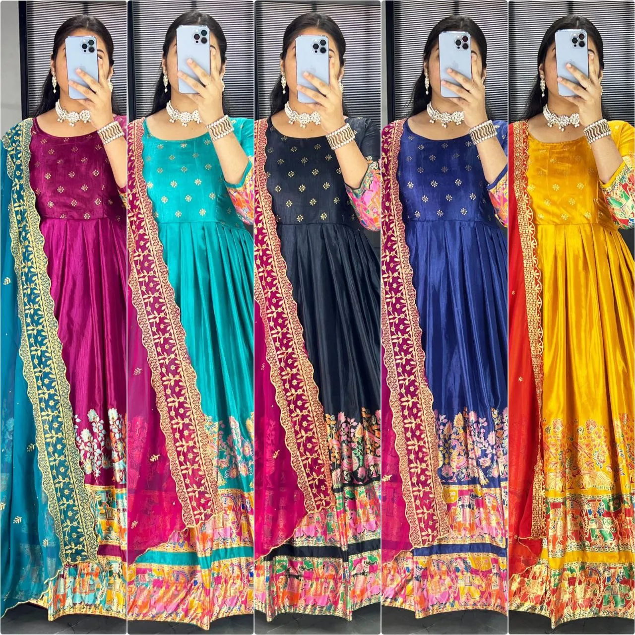 Ethnic Women's Dola Silk Gown Dupatta Suit