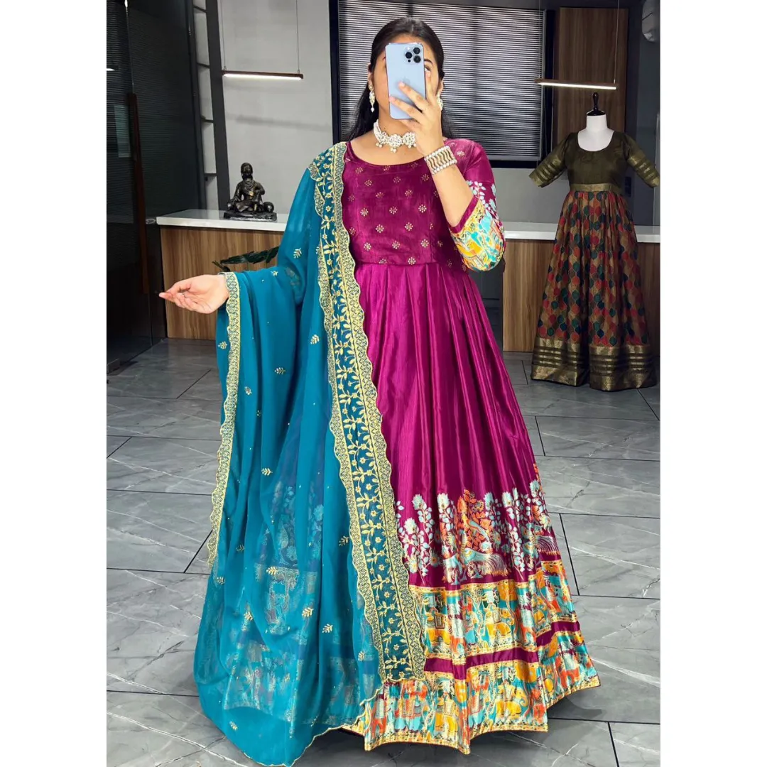 Ethnic Women's Dola Silk Gown Dupatta Suit