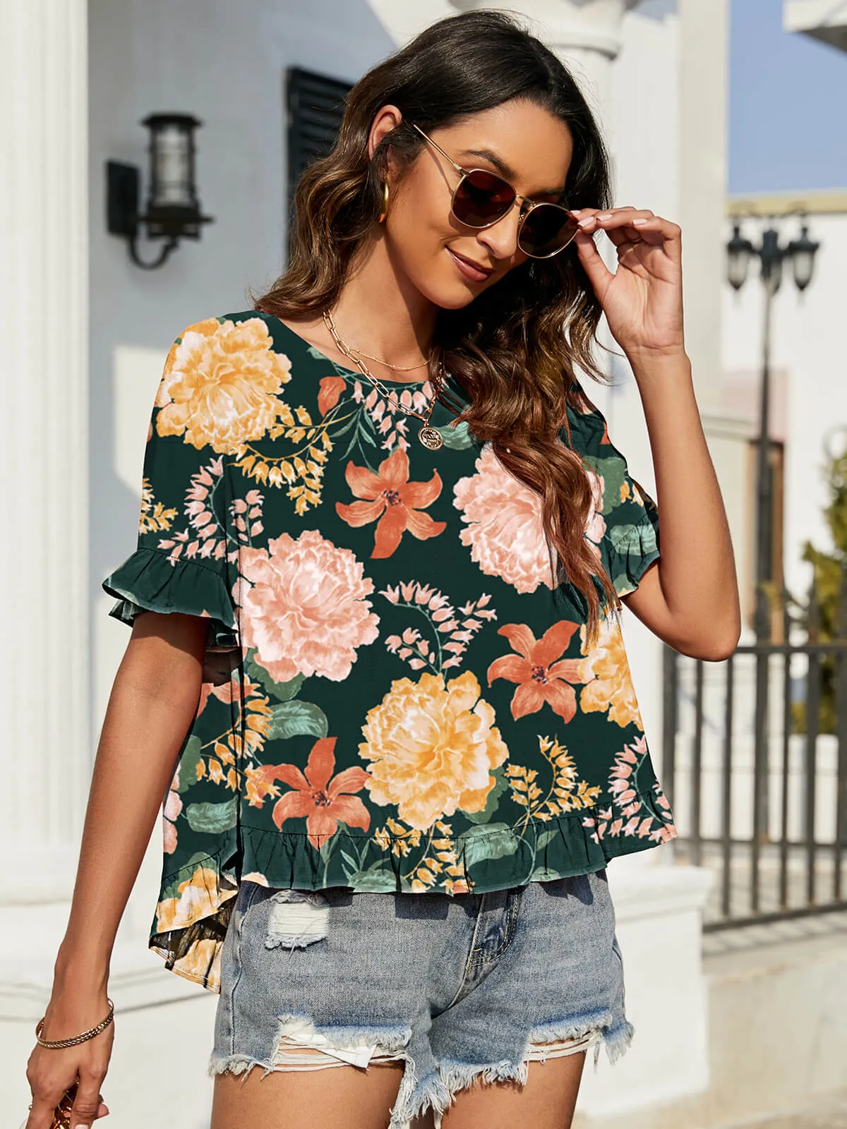 Floral Ruffled Flounce Sleeve Blouse