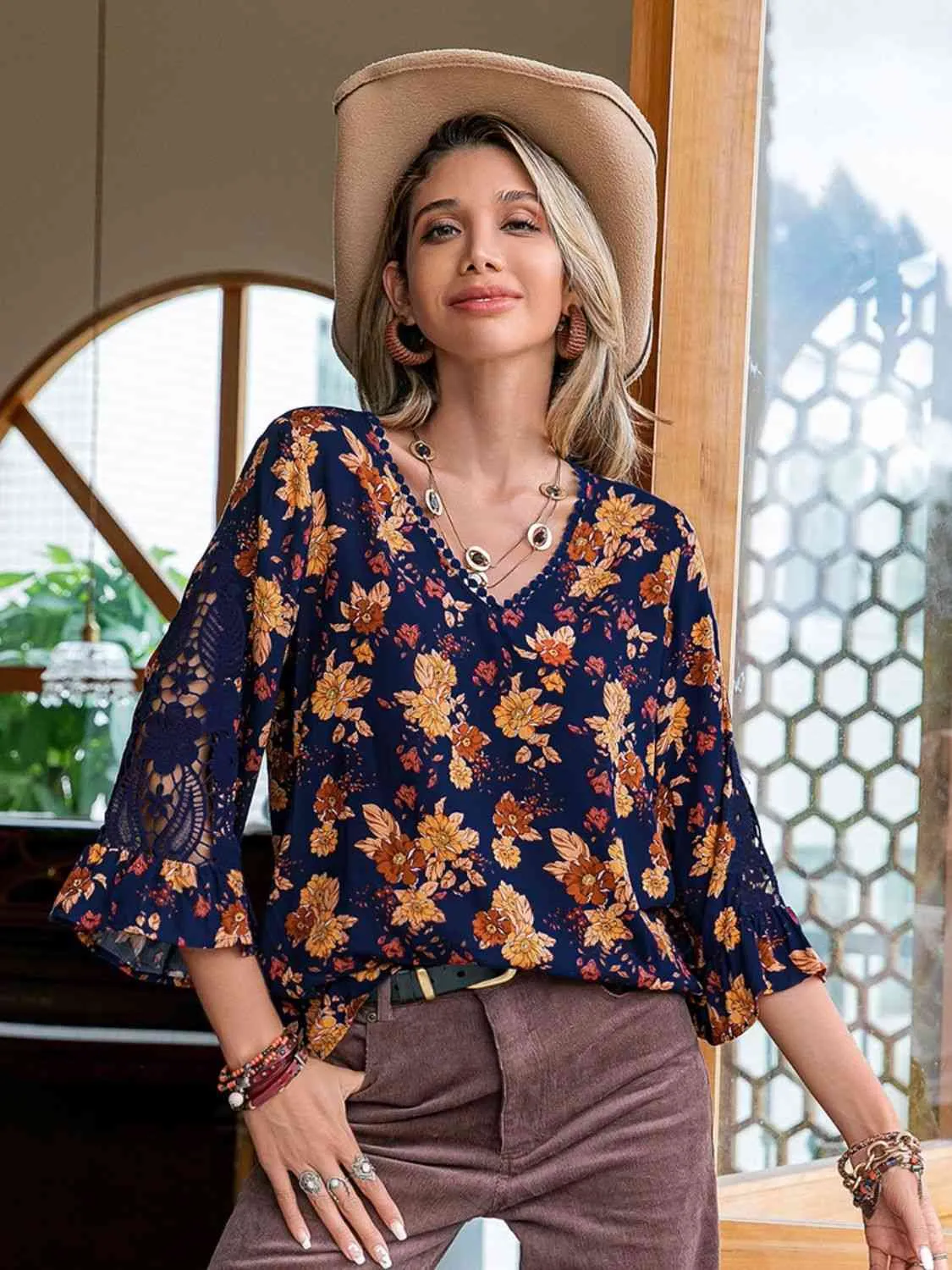 Floral V-Neck Crochet Blouse