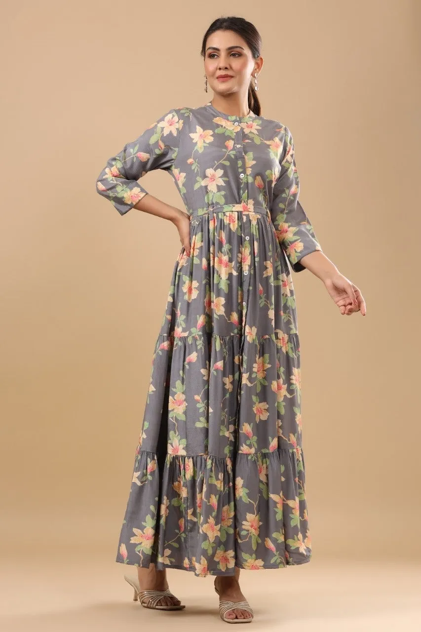 Flowers on Grey Tier Silk Dress