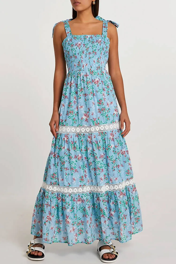 Flowy Daisy Floral Tie Strap Tiered Summer Maxi Sundress - Blue