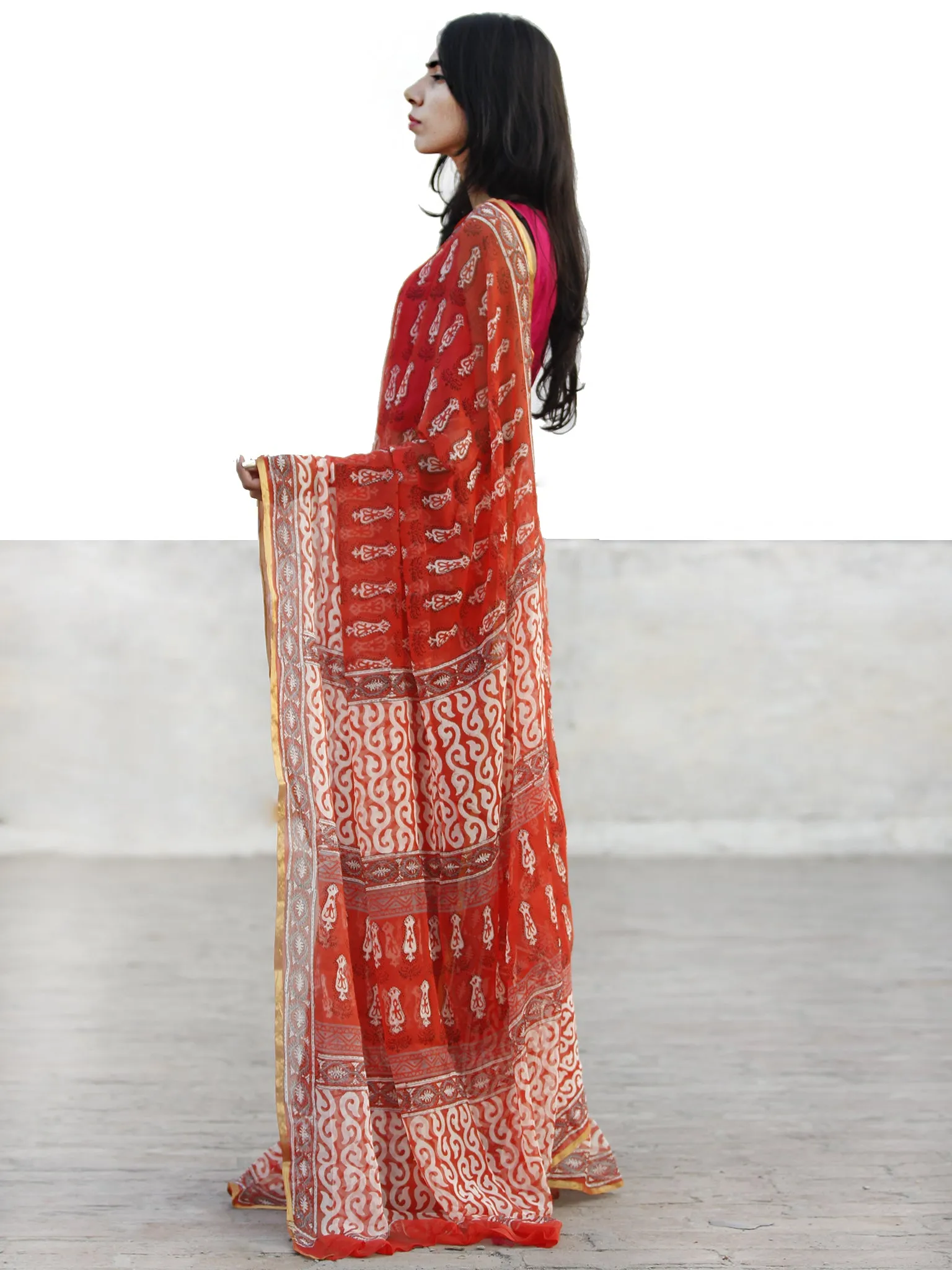 Folly Red Ivory Hand Block Printed Chiffon Saree with Zari border- S031702729