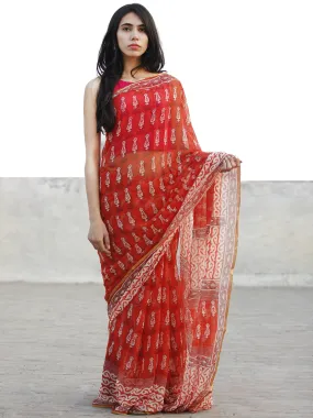 Folly Red Ivory Hand Block Printed Chiffon Saree with Zari border- S031702729